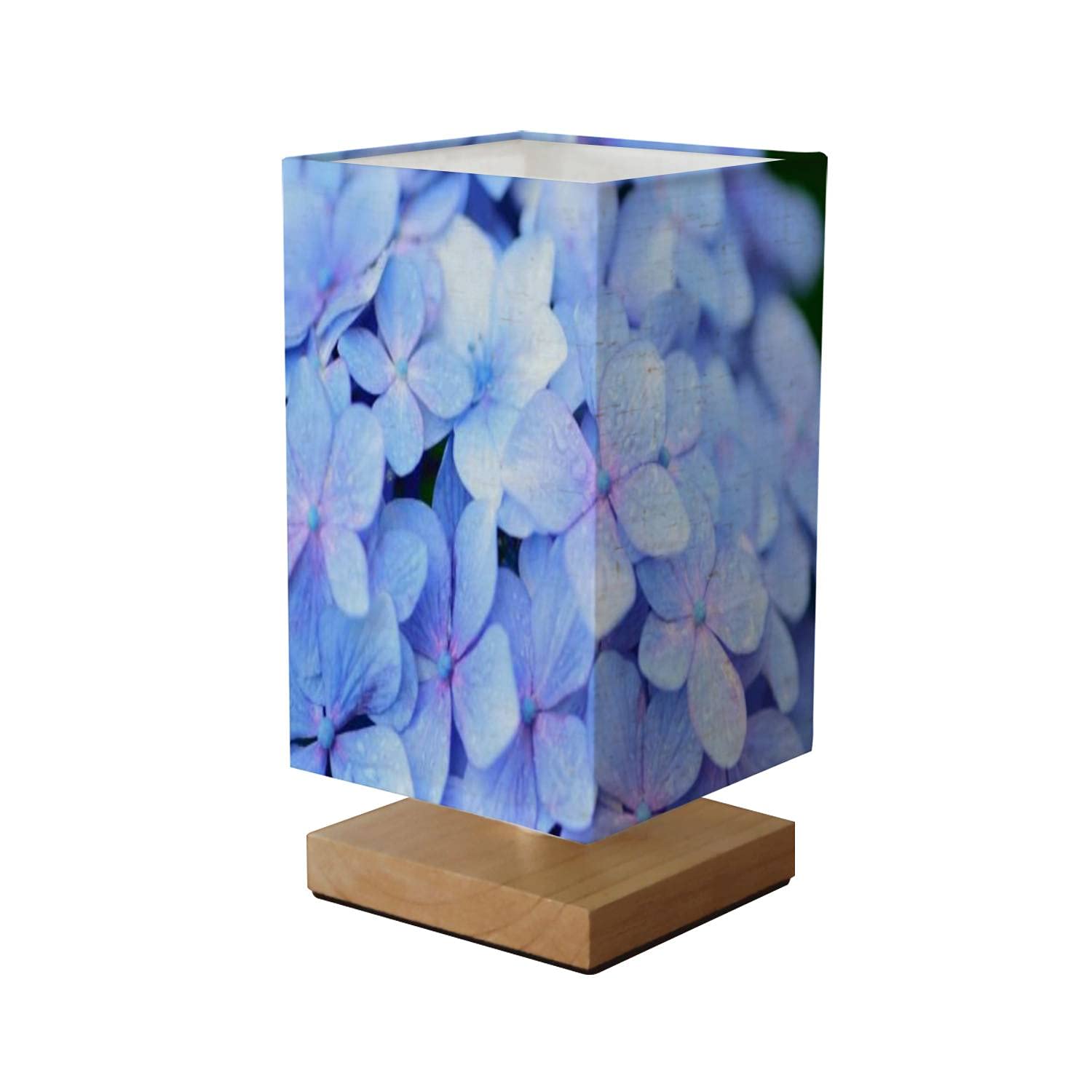 KQOQZDLUAT Adjustable Wooden Base Table Lamp with Blue Hydrangea Flowers & Rain Droplets Design - Square Linen Fabric Lampshade for Bedroom, Living Room, Office | Perfect for Night Reading, Ambient Lighting & Home Decor