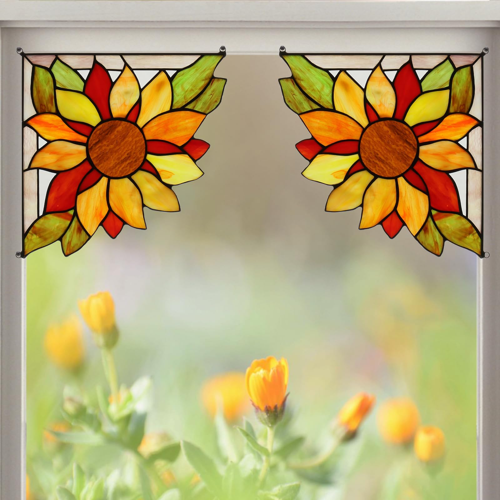 Capulina 1 Pair Stained Glass Sunflower Corner Decor - Tiffany Style Window & Door Hangings - Handmade Artisan Craft - Perfect Gift for Parents & Home Decor - Ideal for Living Room, Bedroom, or Entryway Decorations