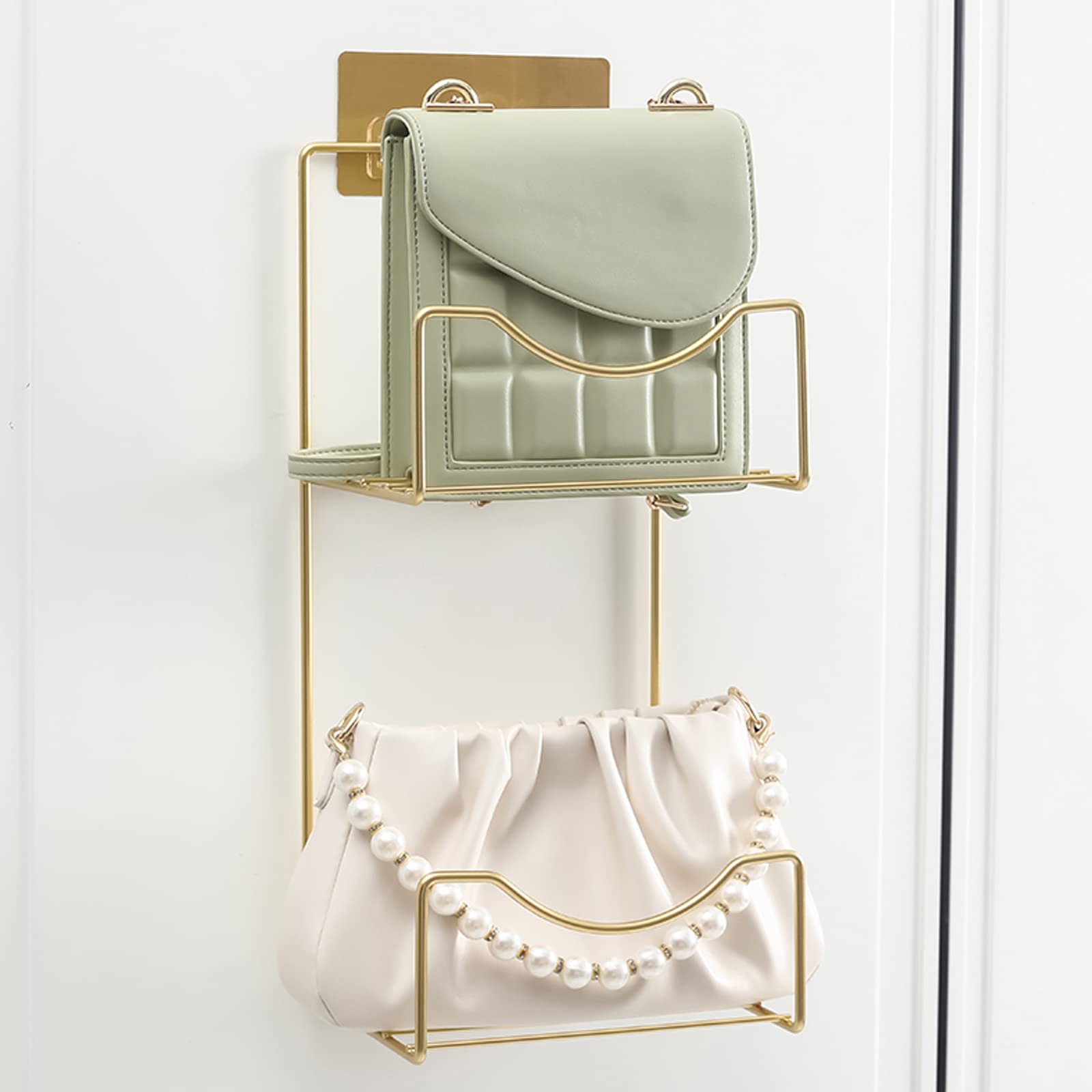 Hanging Handbag Organizer for Closet - Wall Mount Purse Storage Holder with 2 Shelves | Space Saving Metal Handbag Display Shelf | Gold Finish | Perfect for Bedroom, Walk-in Closet, and Dorm Organization