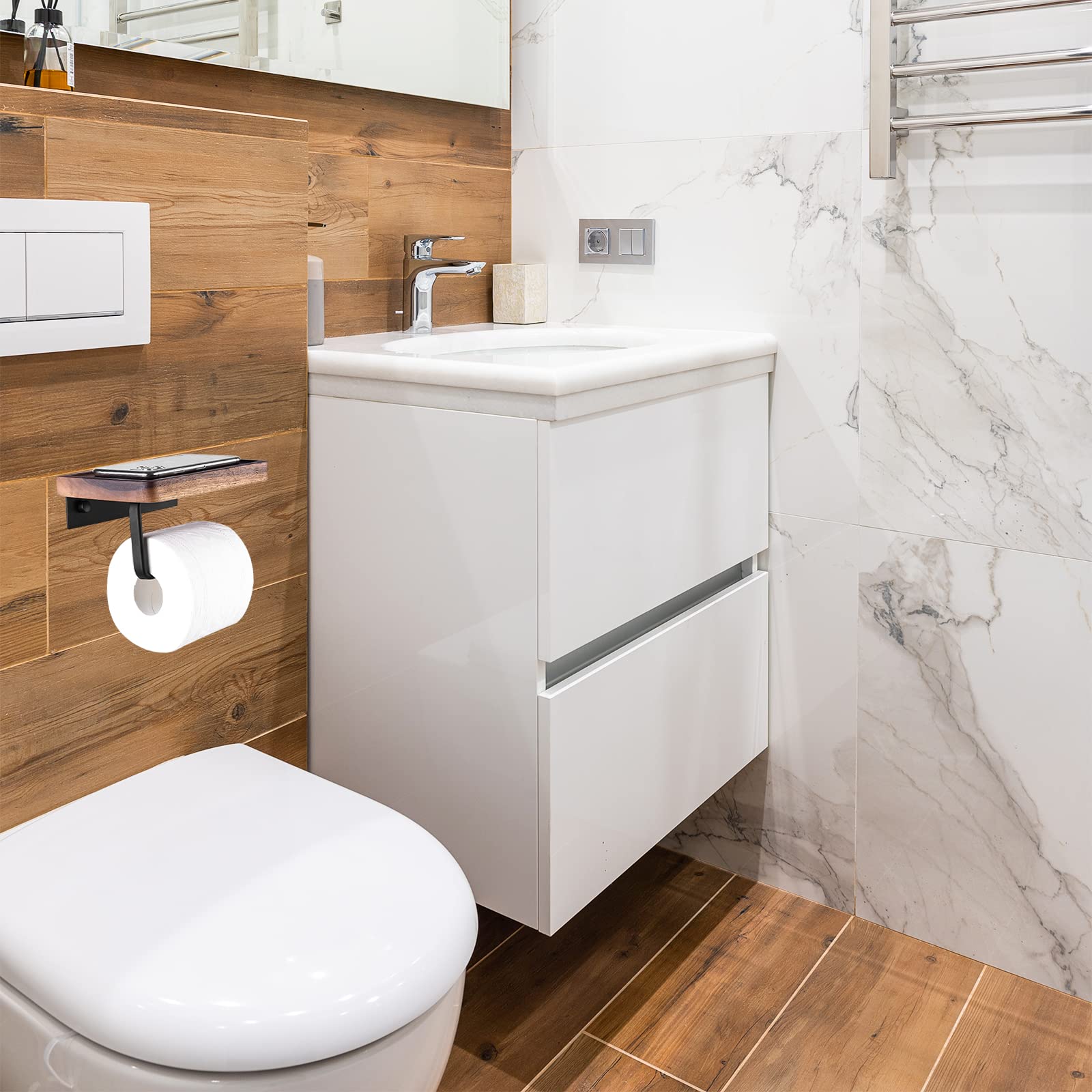 Wooden Toilet Paper Holder with Shelf - Wall Mounted Bathroom Tissue Roll Organizer with Phone Stand for Kitchen, Washroom & Home Decor | Space-Saving Storage Solution