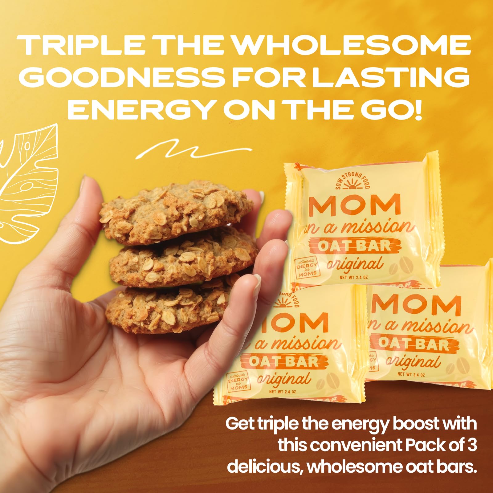 SOW STRONG FOOD Original Oat Bar (3-Pack) - High Energy & Protein Snacks, Keto & Gluten Free Vegan Cookies for Adults - Perfect for Hiking, Workouts & Office Snacking