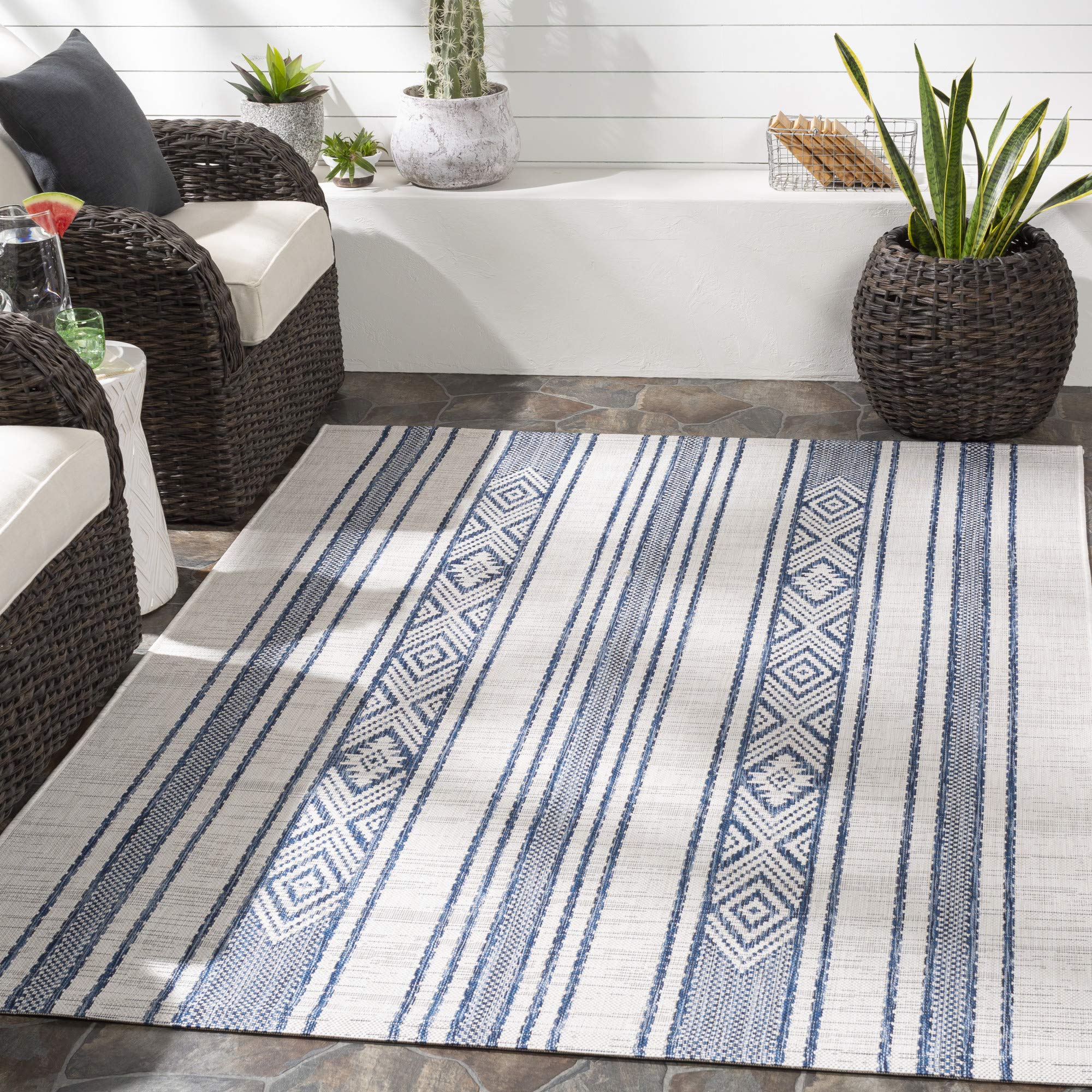 Esperanza Striped Outdoor Area Rug - Waterproof & Durable for Patio, Deck, Garden - Perfect for Backyard, Poolside & Outdoor Living Spaces