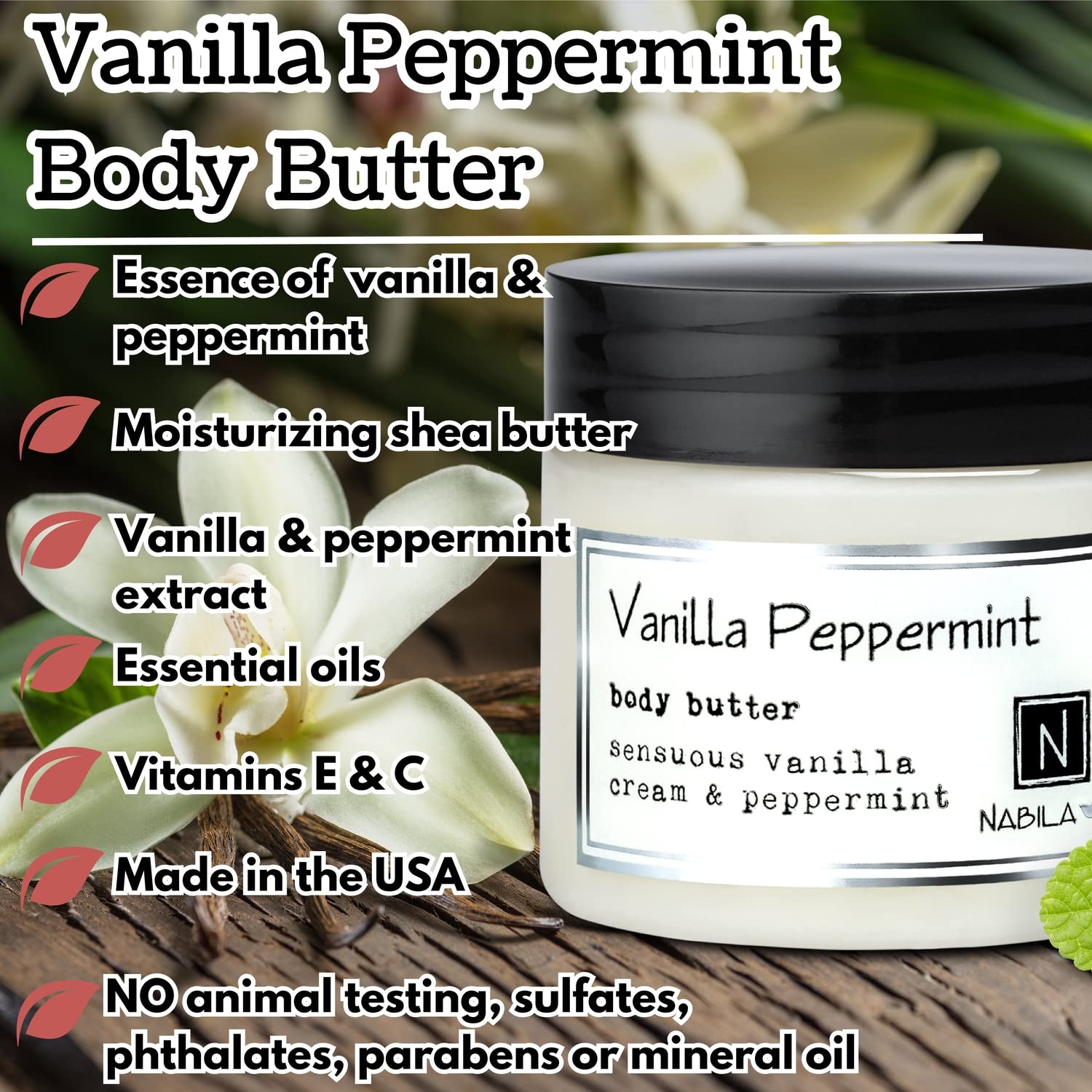 Natural Vanilla & Peppermint Body Butter - Deep Moisturizing Cream for Dry Skin - 9 oz Hydrating Daily Body Lotion with Organic Ingredients - Perfect for Winter Care & Spa Relaxation