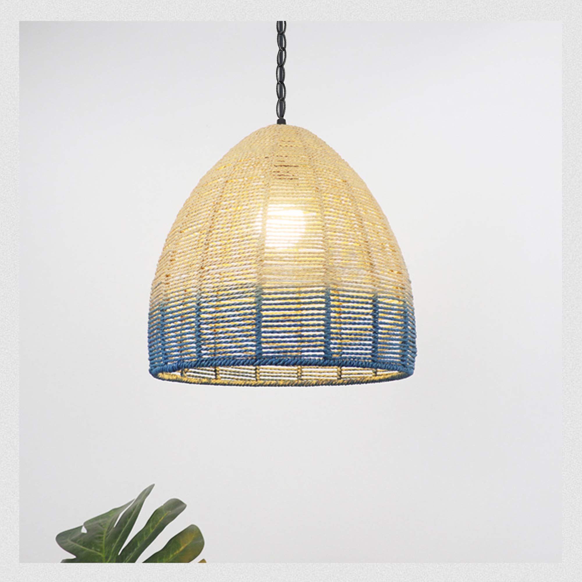 Natural Rattan Hanging Swag Ceiling Lamp - 20ft Plug-in Pendant Light with Black Iron Chain Cord, Dimmable Farmhouse Chandelier | No Wiring Needed, Portable & Customizable Cone Shade for Bedroom, Living Room, Porch Decor