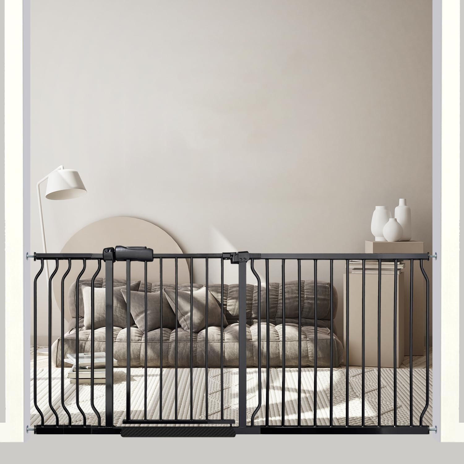 67-71.5 Inch Extra Wide Baby Gate - Pressure Mounted No Drill Heavy Duty Metal Safety Gate for Wide Stairs & Doorways - Black with Extension Kit - Perfect for Homes, Apartments & Staircase Safety