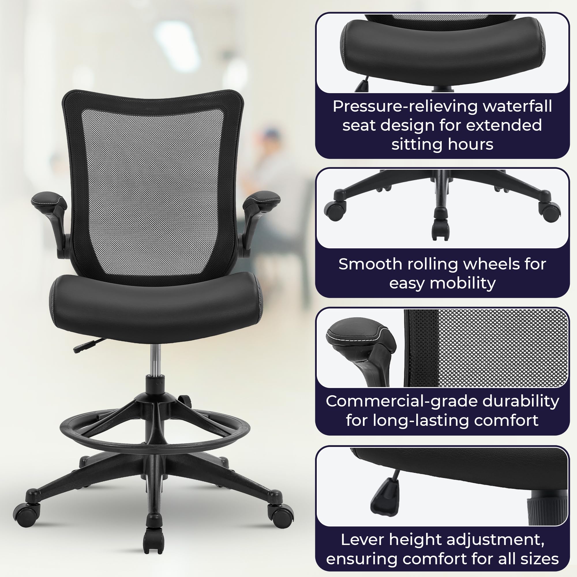 OfficeFactor Ergonomic Drafting Chair - Adjustable Height Tall Office Chair with Flip-Up Armrests, 300 lb Weight Capacity, Mesh Back & Comfortable Leather Seat (Black) - Perfect for Standing Desks, Architects, Artists and Home Office Workspaces