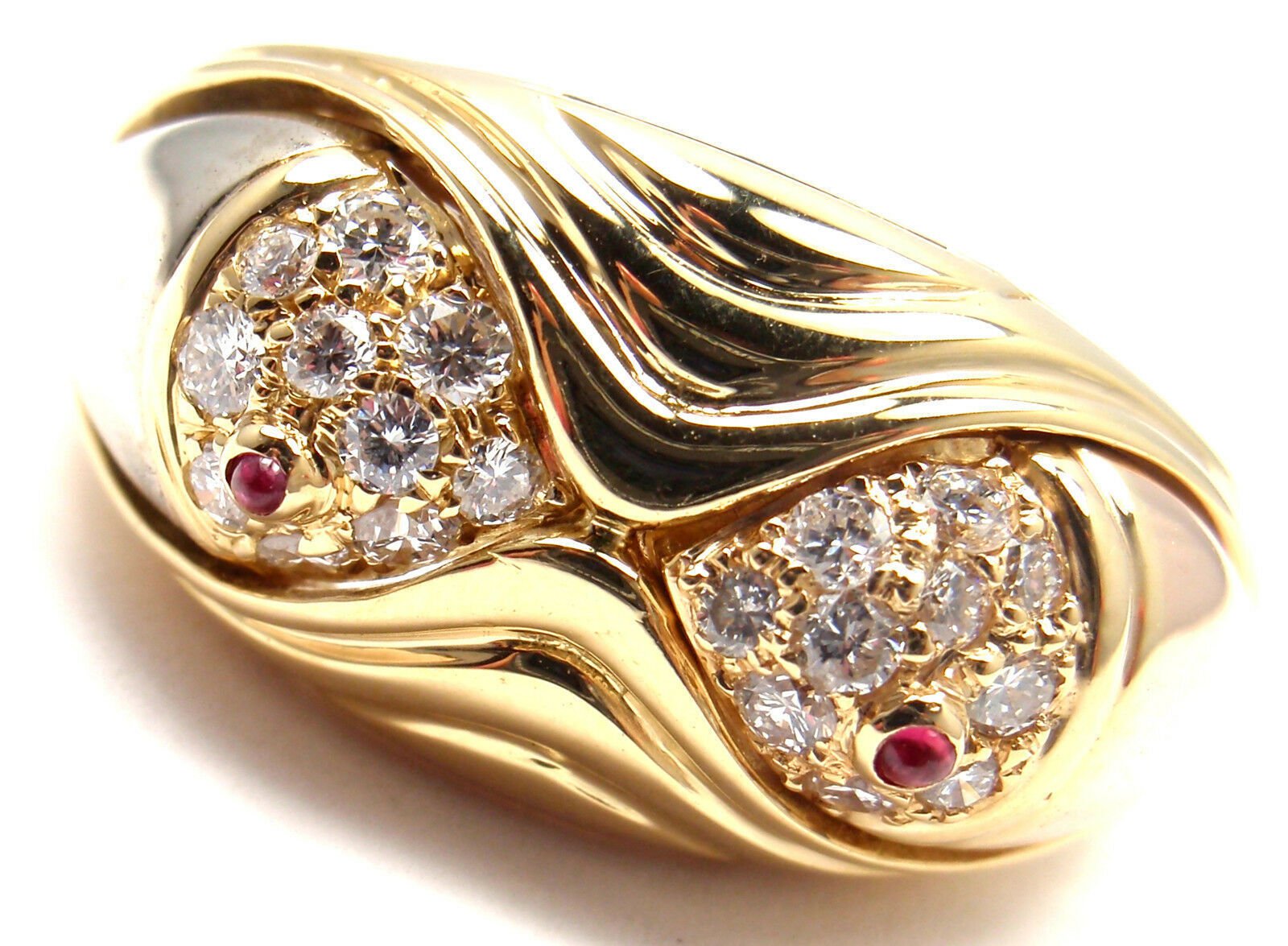 Authentic Bulgari Bvlgari 18k Yellow Gold Diamond Ruby Naturalia Fish Band Ring for Women - Luxury Statement Jewelry for Parties, Weddings & Special Occasions