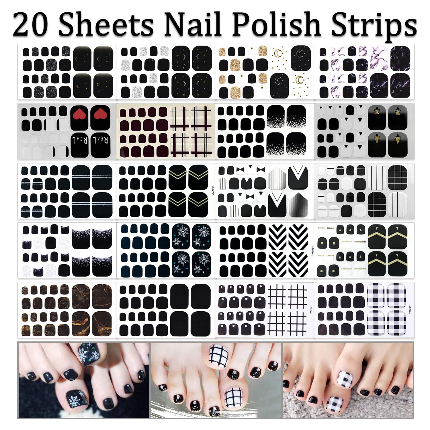 Black Self-Adhesive Gel Nail Polish Strips for Women – 20 Sheets Toe Nail Wraps with Nail File | Easy DIY Manicure & Pedicure for Parties, Weddings, and Daily Wear