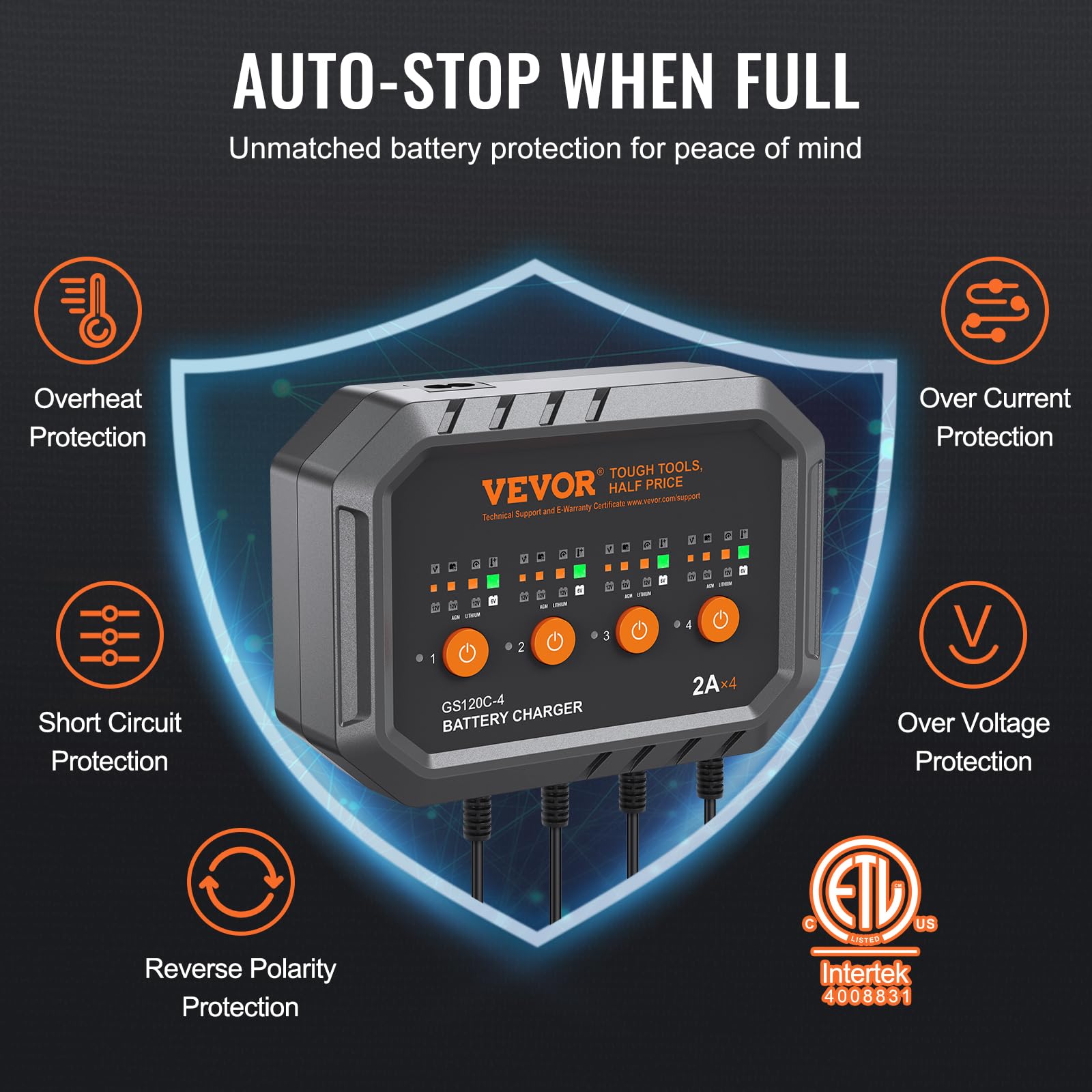 VEVOR 2A x 4 Smart Battery Charger for LiFePO4 & Lead-Acid (AGM/Gel/SLA) Batteries - Fully Automatic Charger & Maintainer for Car, Boat, Motorcycle, Lawn Mower, Golf Cart & Marine Deep Cycle Batteries | Perfect for RV, ATV, Snowmobile & Seasonal Vehicle Storage