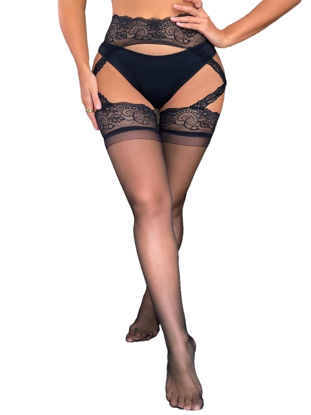 Abien Women's Sexy Lace Suspender Thigh High Stockings - High Waist Tights & Pantyhose Lingerie for Date Night, Valentine's Gift, Boudoir Photography