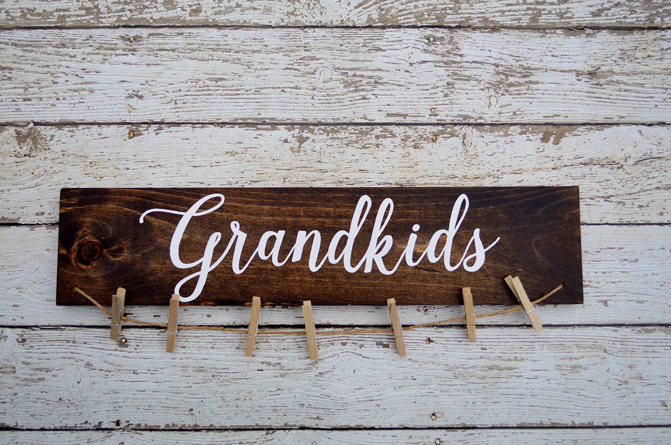 Rustic Farmhouse Style Family Picture Frames with Sayings - Grandkids Make Life Grand Hand Painted Wooden Photo Hanger & Clothespin Display for Wall Decor | Perfect for Living Room, Nursery, or Gift Idea