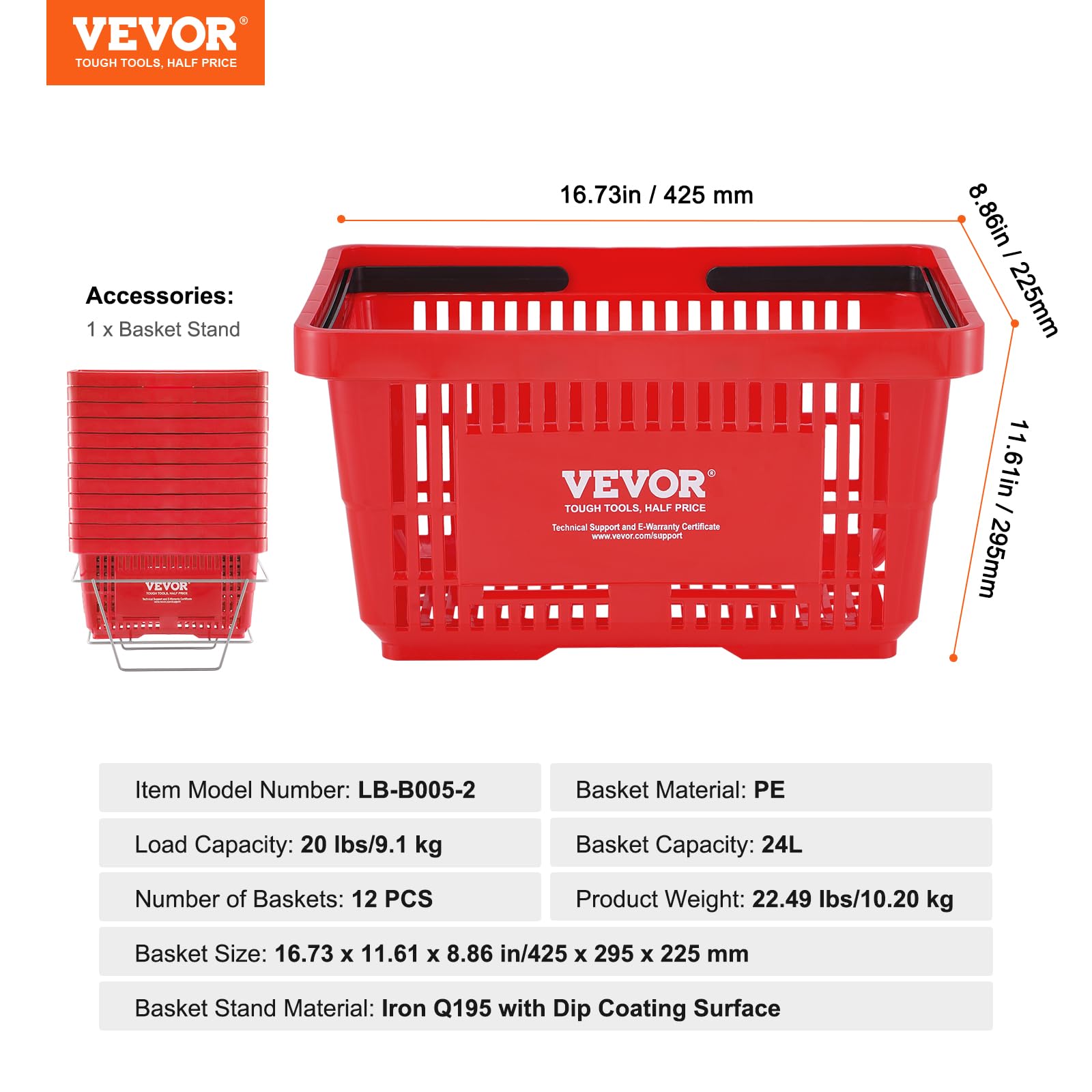 VEVOR 12-Pack Plastic Shopping Baskets with Handles - 24L Durable Grocery Baskets for Retail Stores, Supermarkets & Shopping - 16.73 x 11.61 x 8.86 Inches (Red) - Perfect for Checkout Counters, Produce Display & Bulk Shopping Organization