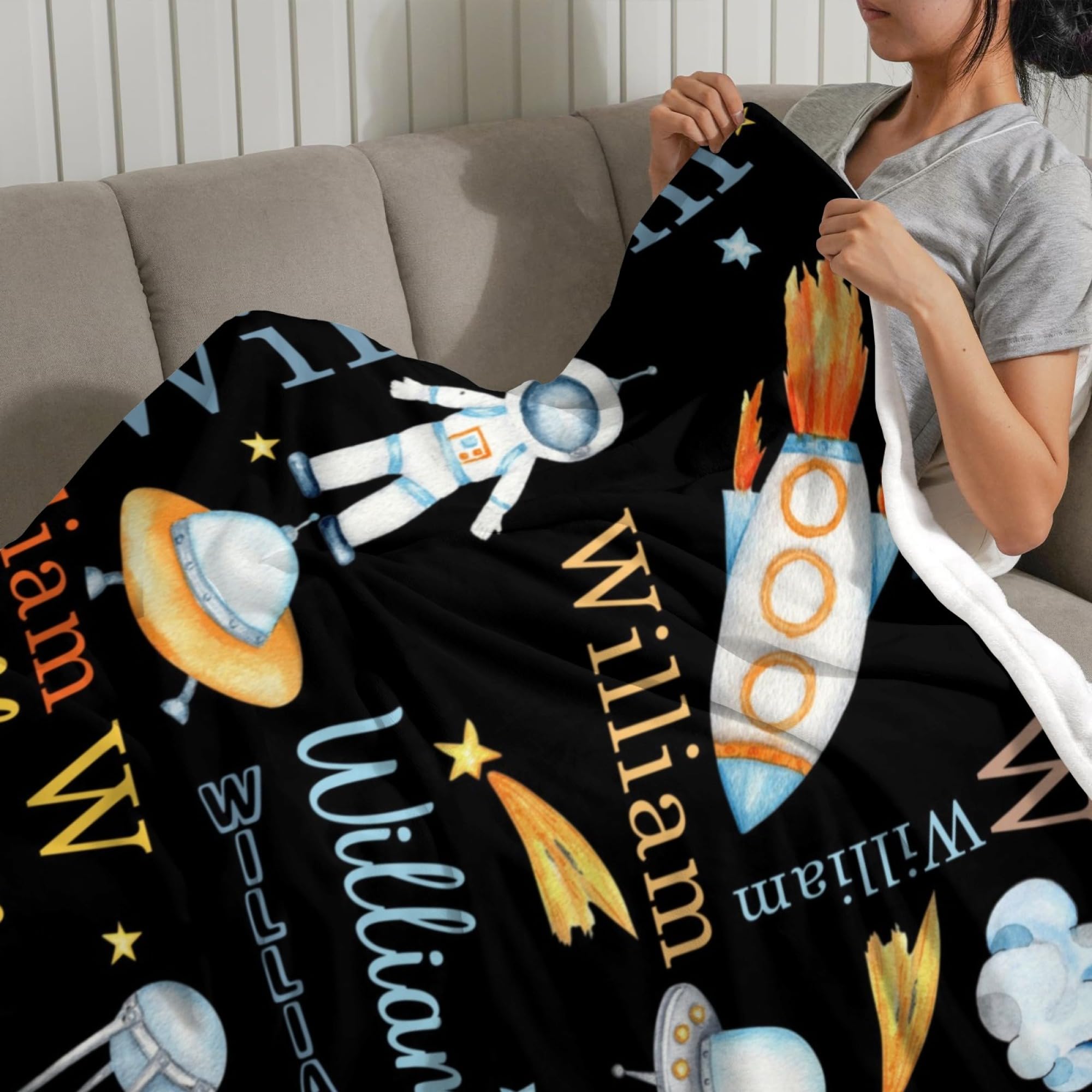 Custom Personalized Astronaut Blanket with Name - Space Universe Rocket ET Design for Boys, Girls, Women & Baby - Soft Fleece Throw Blanket for Bedroom, Nursery, Couch & Gift Giving