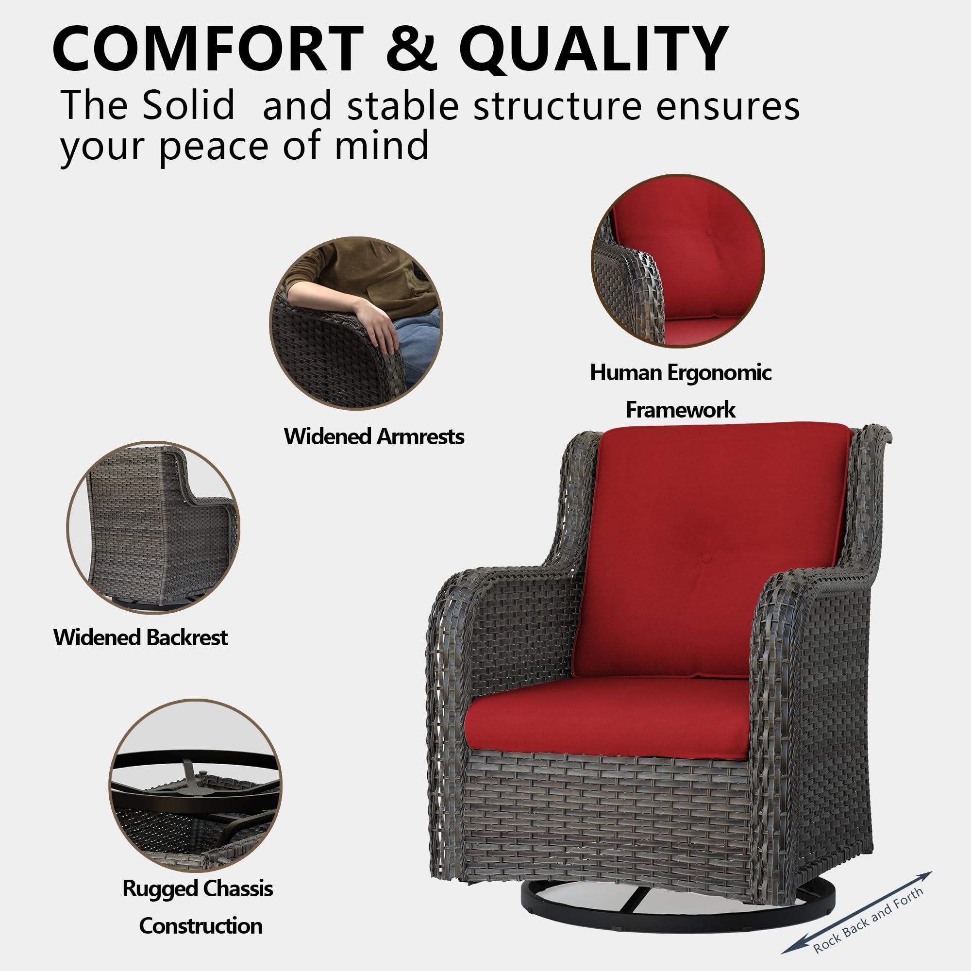 5-Piece Outdoor Patio Furniture Set - All-Weather Wicker Bistro Conversation Set with Swivel Rocking Chairs, Side Table & Ottomans - Perfect for Backyard, Porch, Deck, Garden or Poolside (Mixed Grey/Red) - Ideal for Relaxing, Entertaining & Outdoor Dining