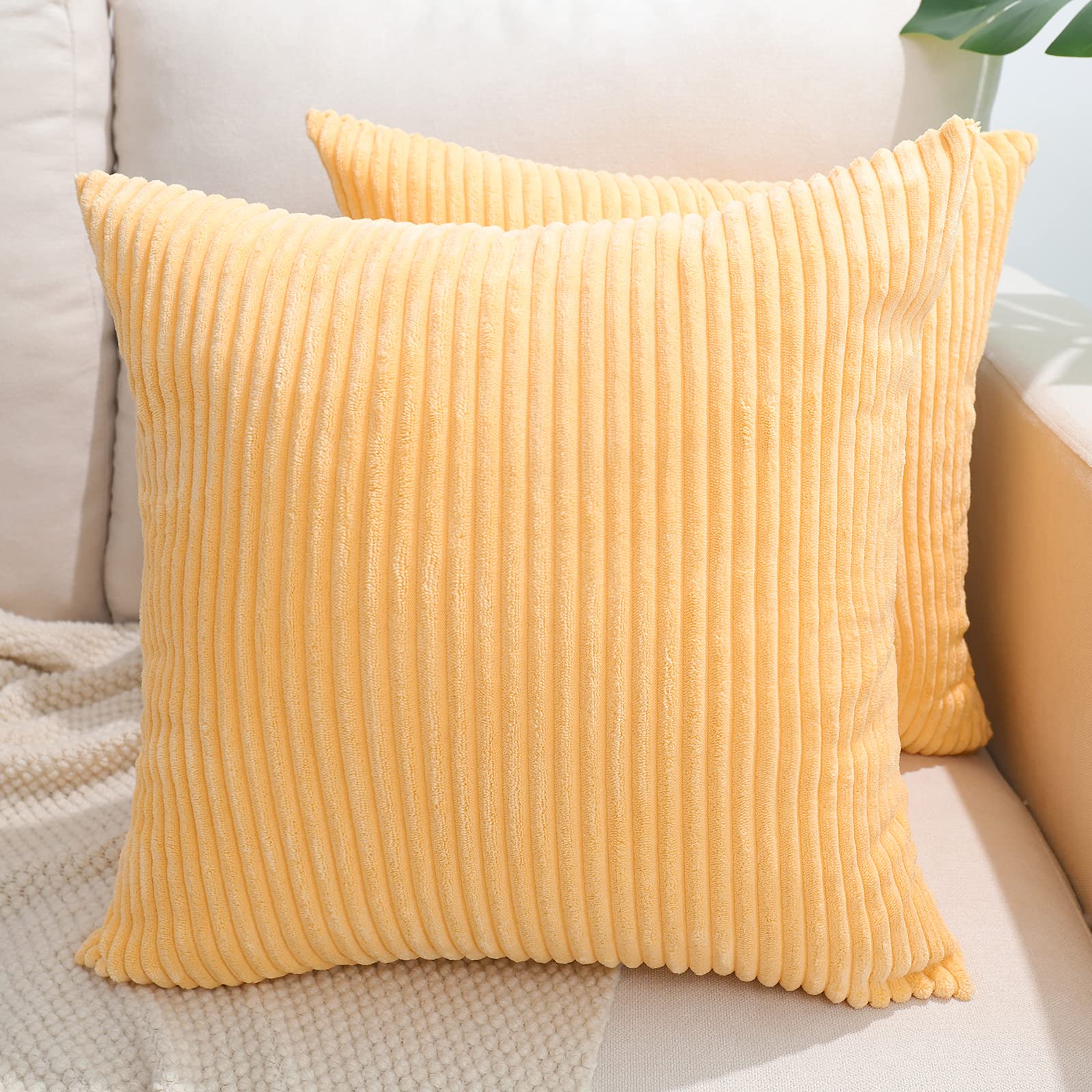 Premium Corduroy Throw Pillow Covers Set of 2 - 22x22 Inch Soft Square Cushion Cases for Sofa, Bed, Couch & Car - Yellow Home Decor Accent for Living Room, Bedroom & Office
