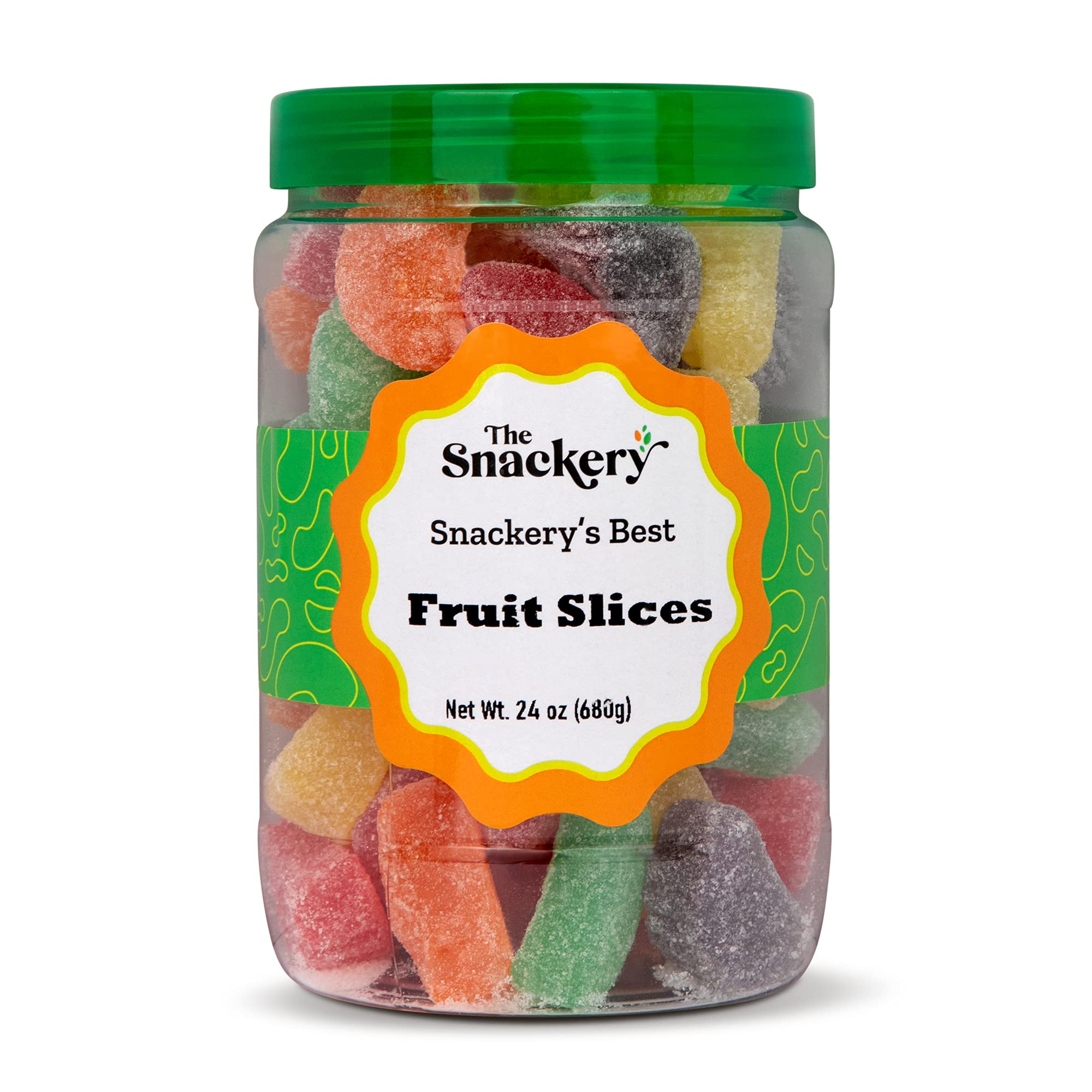 The Snackery Assorted Fruit Slices Candy - 1.5 Lbs Sweet & Tangy Fruit Flavored Candies in Reusable Round Plastic Jar with Green Lid - Perfect for Party Favors, Office Snacks & Gift Baskets