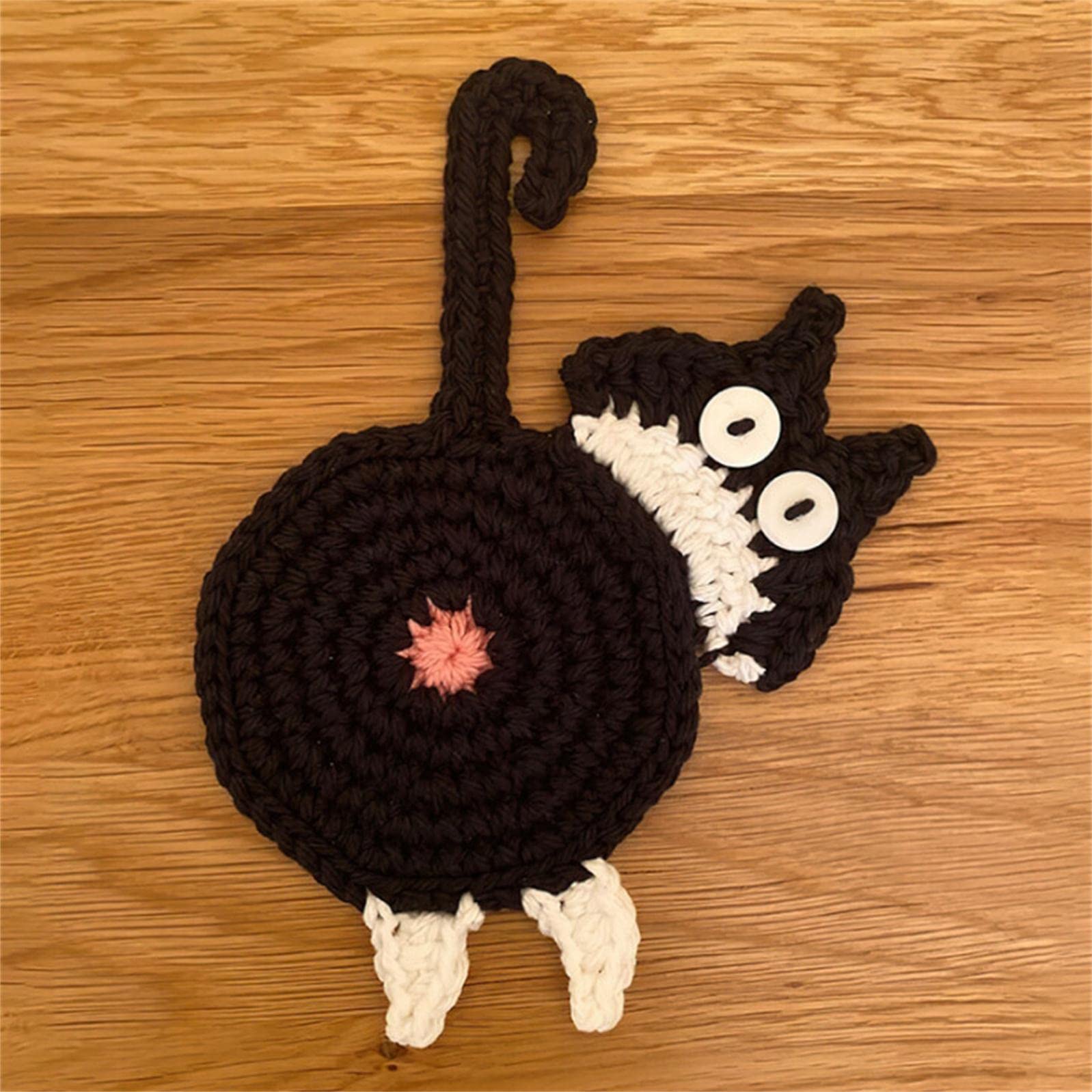 Funny Crocheted Cat Butt Coasters - Handmade Peeking Cat Coaster Set, Absorbent Drink Mats for Coffee & Tea - Unique Cat Lover Gift for Home & Office Decor (Set of 4) - Perfect for Parties, Gifts & Cozy Home Decor