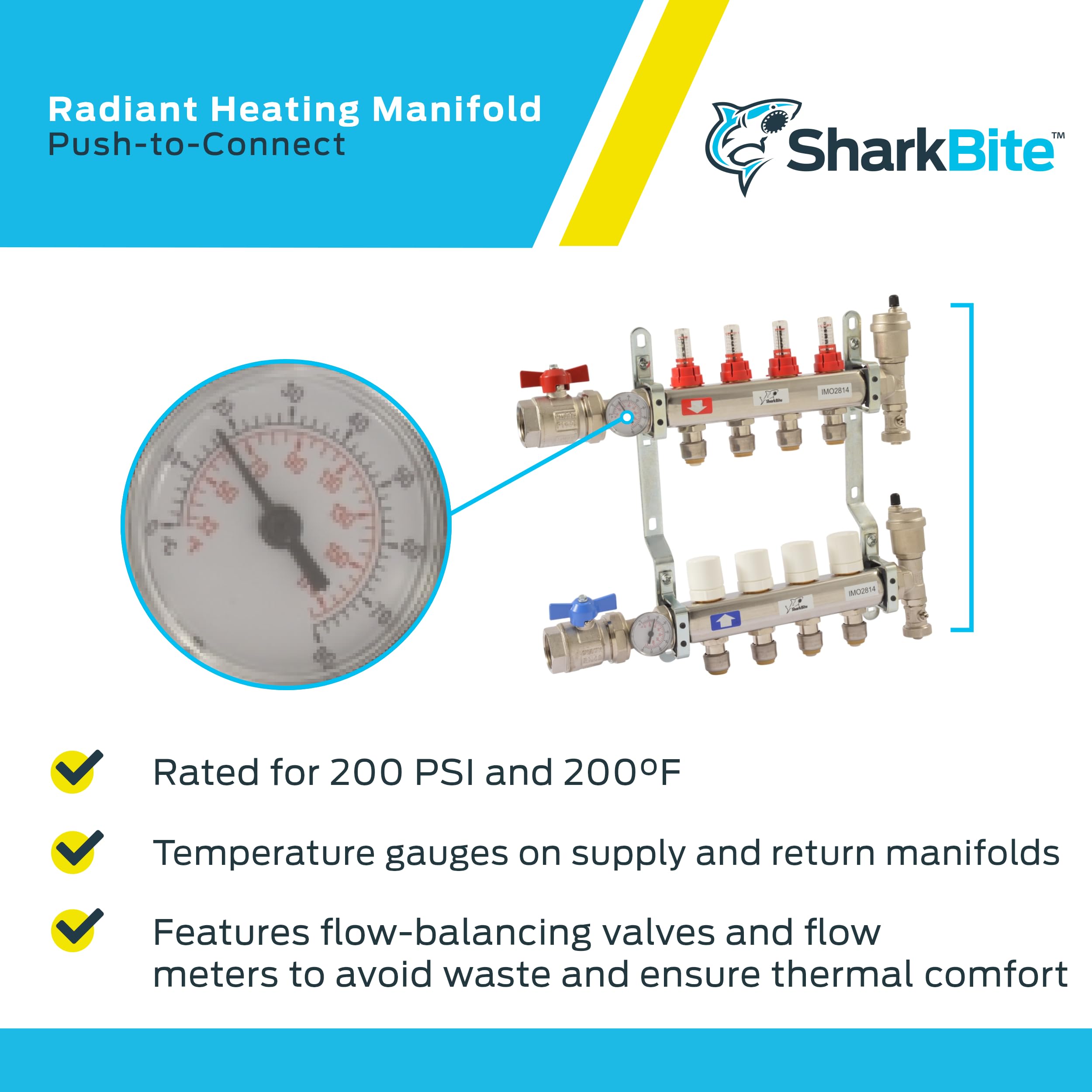 SharkBite 4 Loop Radiant Heating Manifold - Push to Connect Brass Plumbing Fitting for PEX Pipe & PE-RT (Model 24931) - Perfect for Hydronic Heating Systems & Underfloor Heating Installations