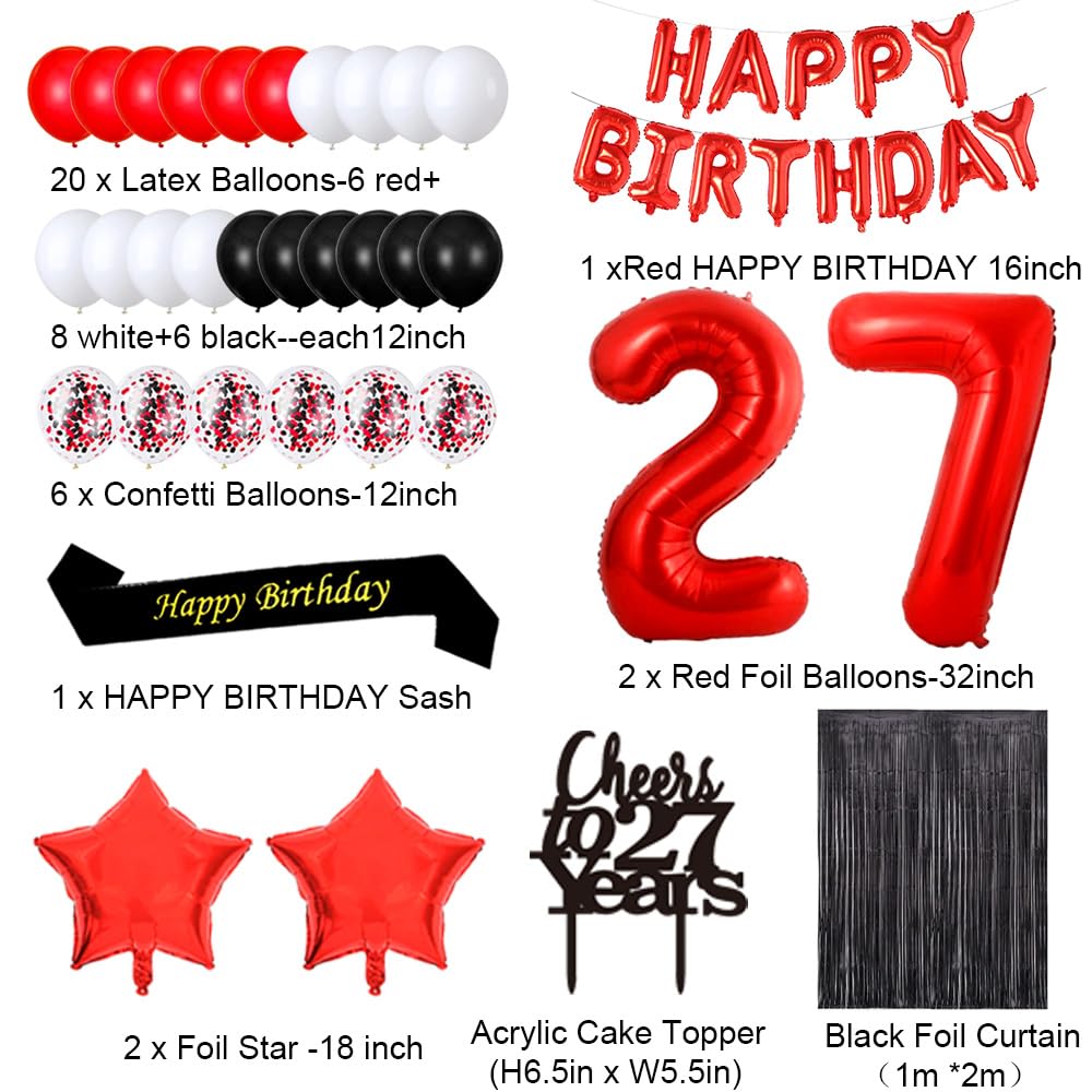 27th Birthday Party Decorations Set - Happy Birthday Banner, Sash, Cake Topper, Confetti & Balloons for Women's 27th Birthday Celebration | Perfect for Adult Birthday Parties, Milestone Celebrations & Girls Night Decor