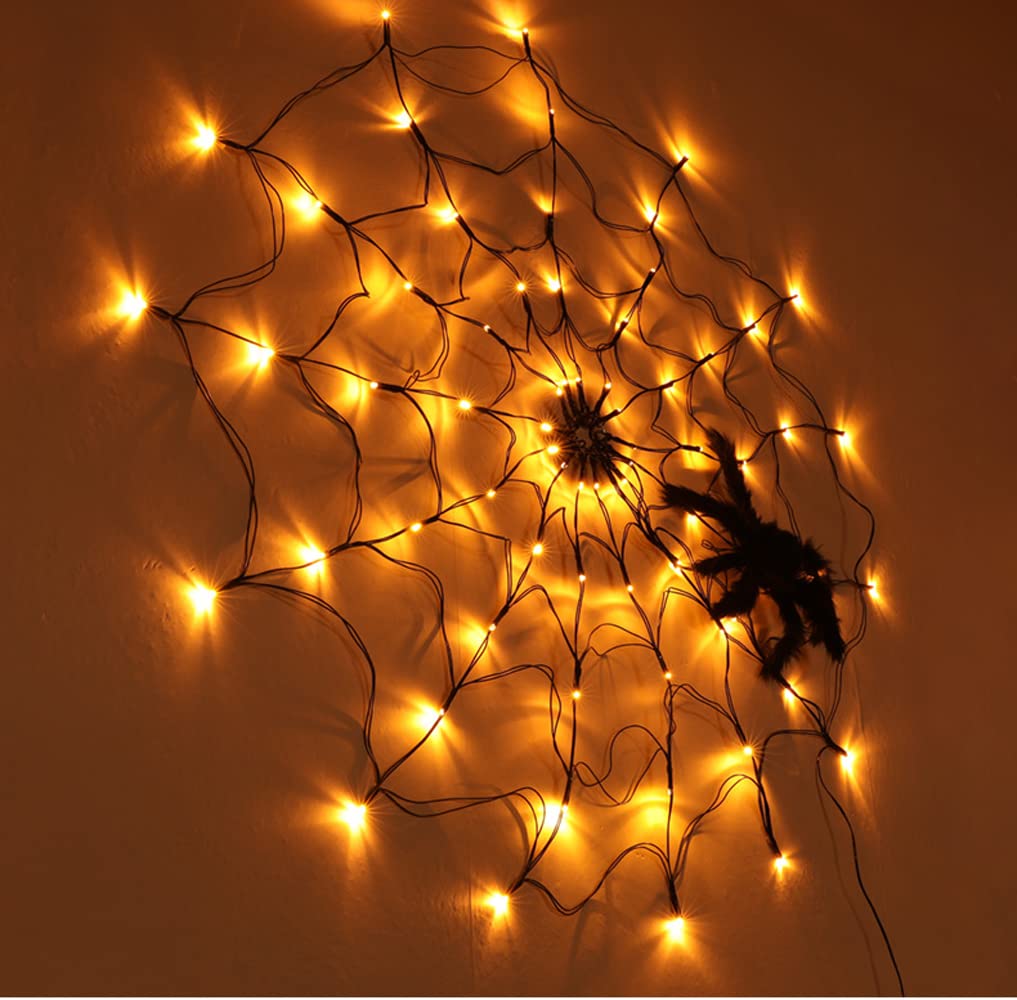 3.2FT Giant Spider Web Lights with Hairy Spider & Cobweb - Orange LED Halloween Decorations for Outdoor, Window, Wall, Garden, Patio & Yard - USB Powered for Spooky Halloween Party & Haunted House Decor