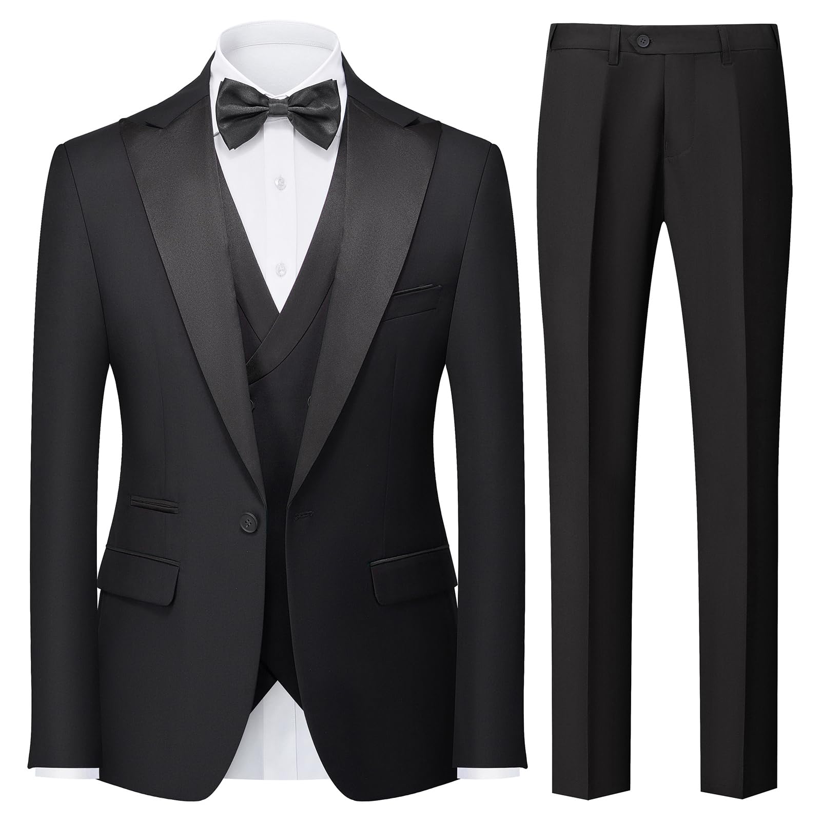 Rogers & Morris Men's 3-Piece Tuxedo Suit - Slim Fit Single Button Peak Lapel Jacket with Vest & Dress Pants - Classic Black Formal Wear for Weddings, Prom & Special Occasions