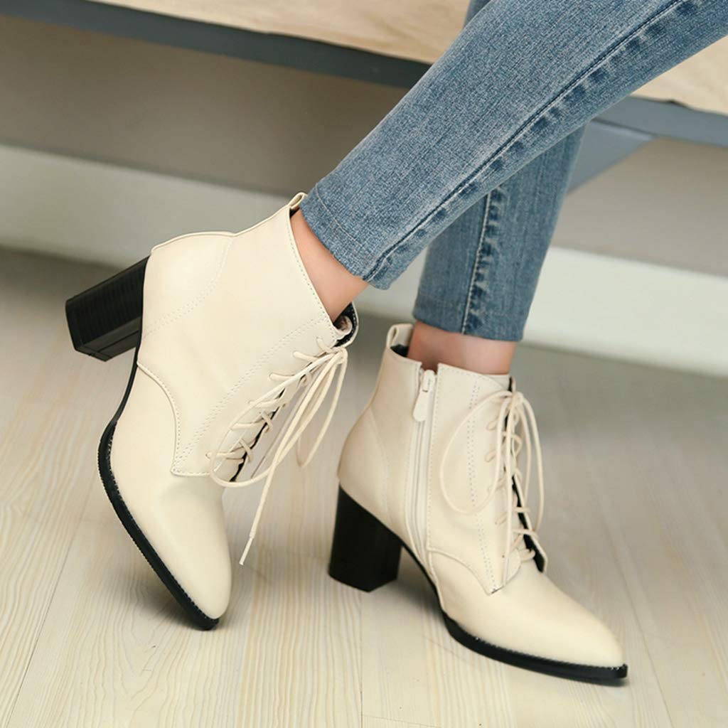 Mioke Women's Pointed Toe Ankle Boots - Western Chelsea Booties with Chunky Block Heel & Lace Up Design, Perfect for Office, Party & Casual Outfits