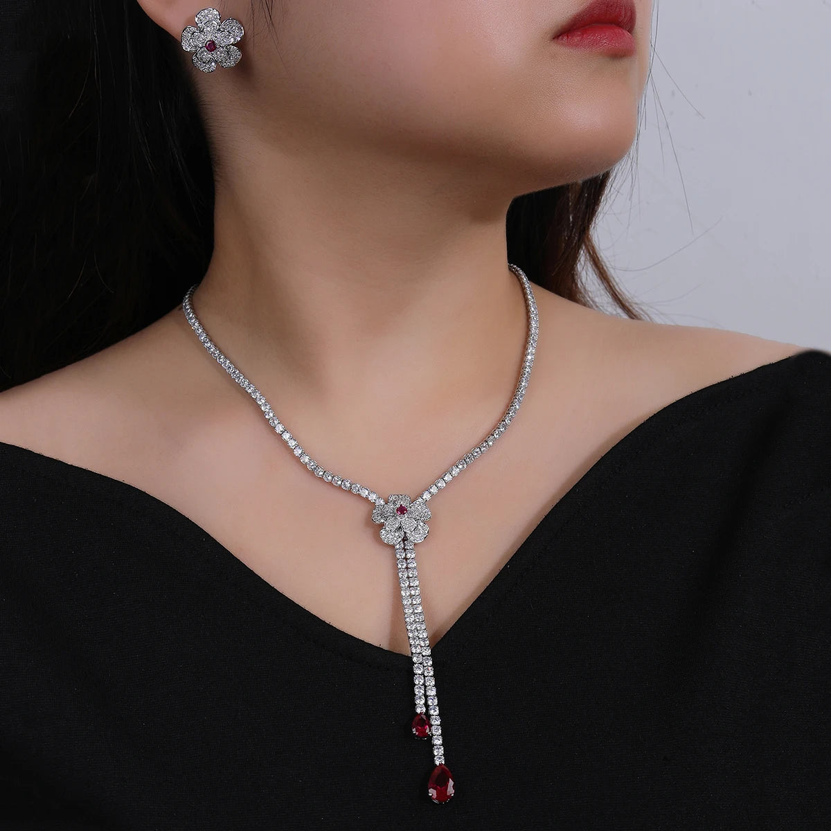 Elegant Floral Necklace and Earrings Set for Women - Wedding, Bridal, Party Jewelry Accessories - Perfect for Bridal Showers, Prom, and Evening Events