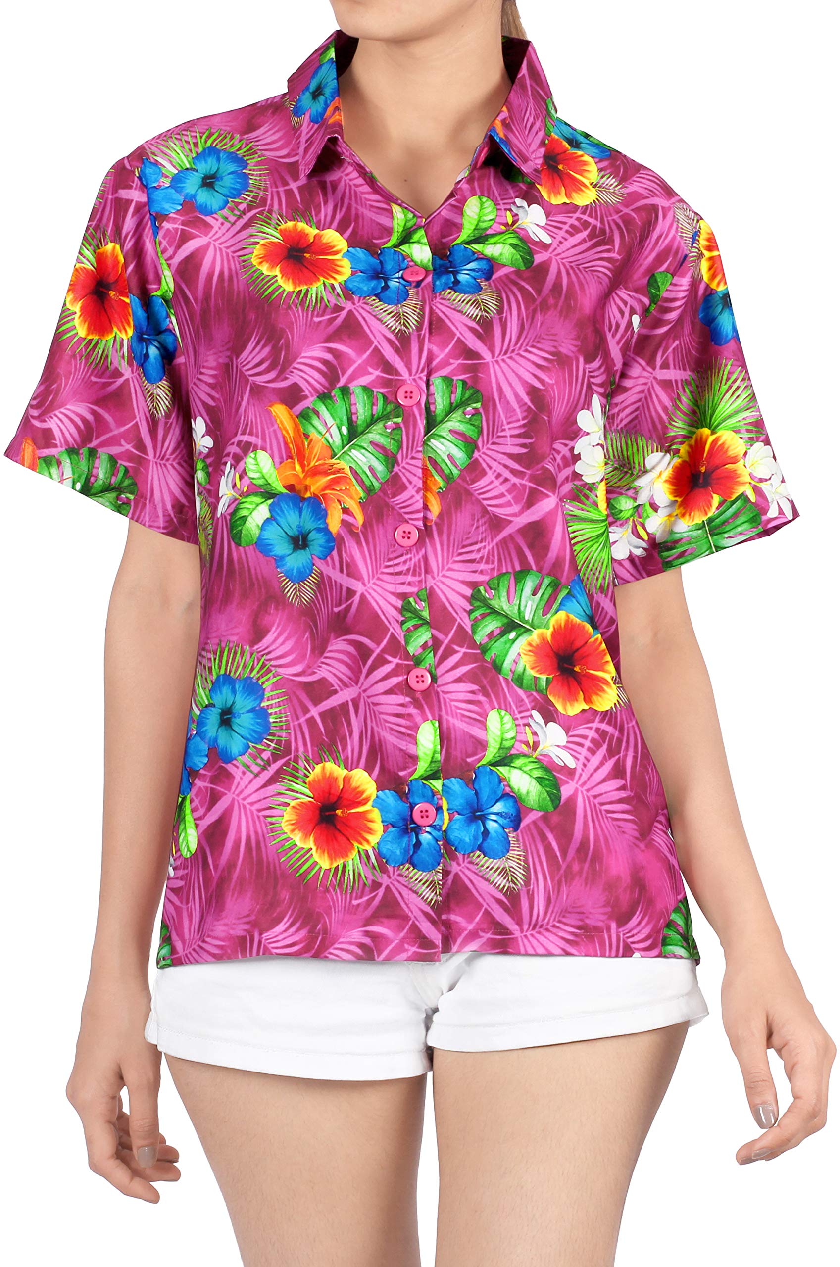 LA LEELA Women's Short Sleeve Hawaiian Beach Blouse Shirt - Floral Print Vacation Top for Summer, Pool Party & Tropical Getaways