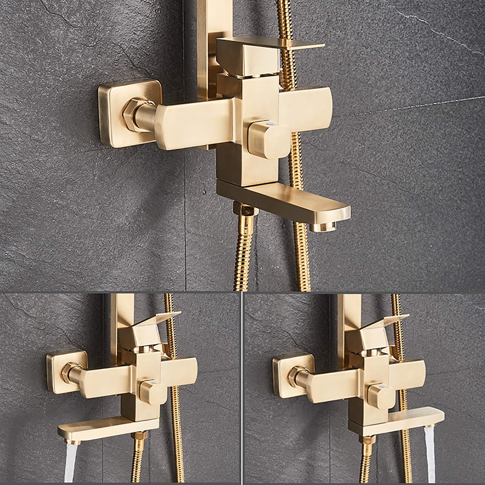 Brushed Gold Rain Mixer Shower Combo Set - Wall Mounted Exposed Bathroom Shower Faucet with 8 Inch Rainfall Shower Head, Handheld Shower & Swivel Tub Spout - Perfect for Modern Bathroom & Spa Experience