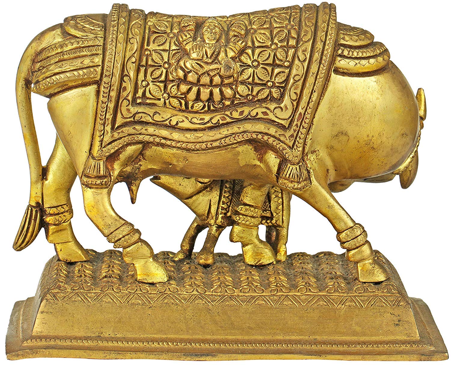 Pink Lotus Mother Cow with Calf Brass Statue - Hindu & Buddhist Home Decor, Yoga Meditation Altar Piece, Spiritual Gift for Housewarming