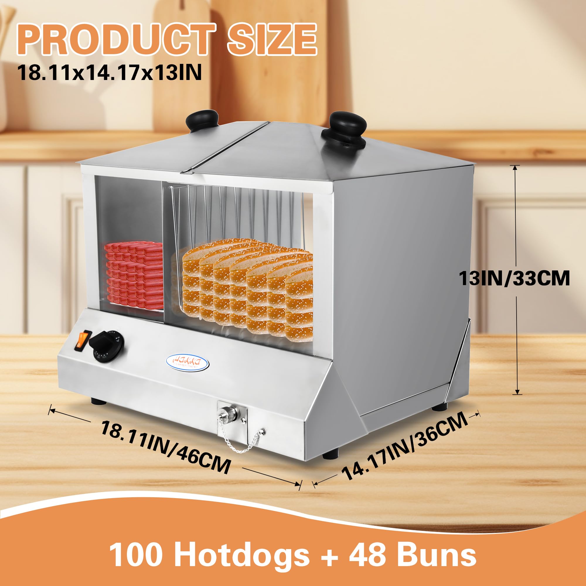 Commercial Electric Hot Dog Steamer & Bun Warmer - 1300W, Holds 100 Hot Dogs & 48 Buns, Steam Heating with Slide Doors & Tempered Glass - Perfect for Restaurants, Food Trucks, and Stadium Concessions