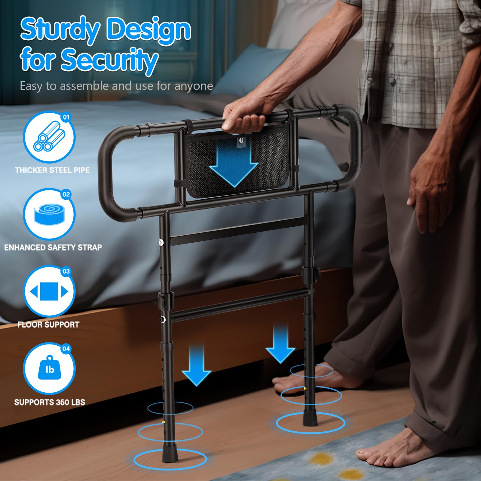 FORTEMOTUS Heavy Duty Bed Rails for Elderly Adults - Foldable Safety Bed Assist Rails with Extendable Guard Rails, Adjustable Height, Storage Pocket & Safety Belt (Supports 450lbs) - Ideal for Senior Home Care & Fall Prevention