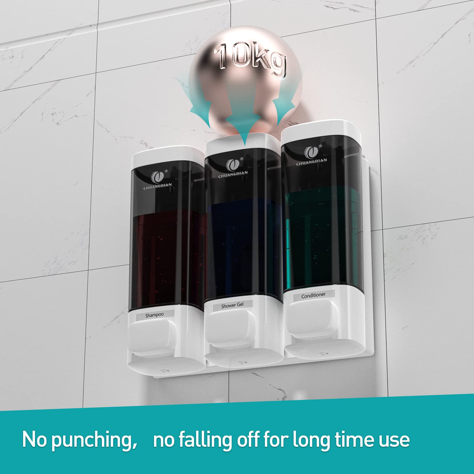 3-Chamber Wall Mount Soap Dispenser for Bathroom & Shower - 320ml No Drill Adhesive Shampoo, Conditioner & Body Wash Dispenser - Perfect for Home, Gym, Spa & RV Use (White)