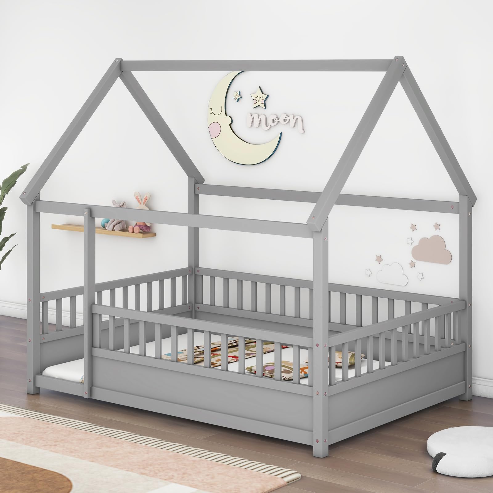 Montessori Wooden Floor House Bed with Roof & Fence - Full Size Playhouse Style Bed for Kids, Teens, Boys & Girls (Gray, No Bed Slats) - Perfect for Bedrooms, Playrooms & Montessori Learning Spaces