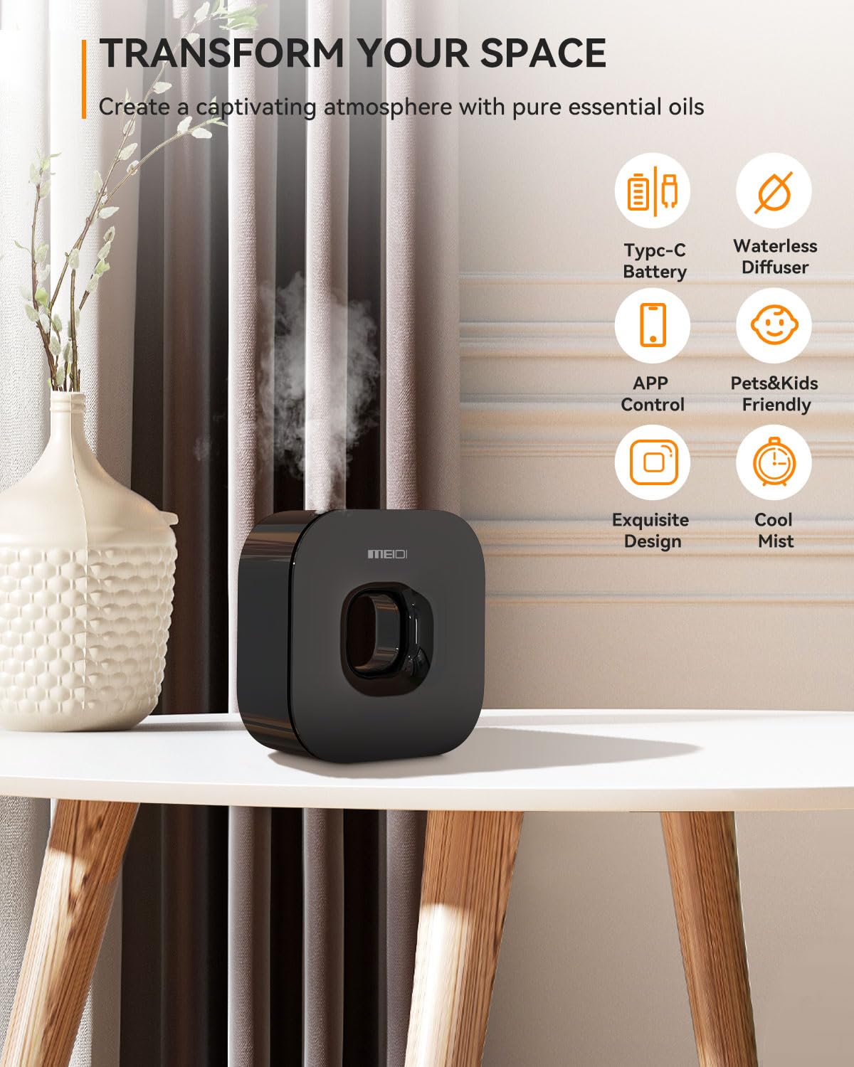 MEIDI Bluetooth Essential Oil Diffuser - Cordless Aromatherapy Device with App Control, Smart Timer, Hang-up Design | Wide Coverage for Home, Office, Spa & Travel | Black | Perfect for Relaxation, Yoga & Sleep Therapy