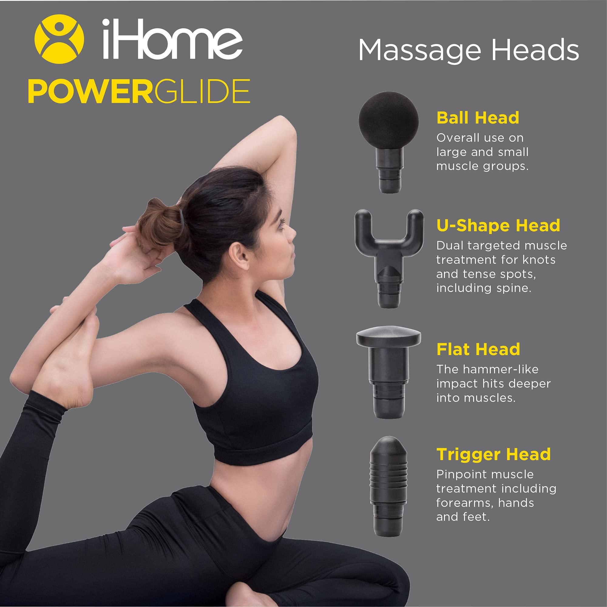 iHome Deep Tissue Massage Gun - Percussion Muscle Massager for Back, Neck & Foot Pain Relief with 4 Attachments - Handheld Electric Massager for Athletes, Gym, Home & Office Use - Perfect for Post-Workout Recovery & Stress Relief