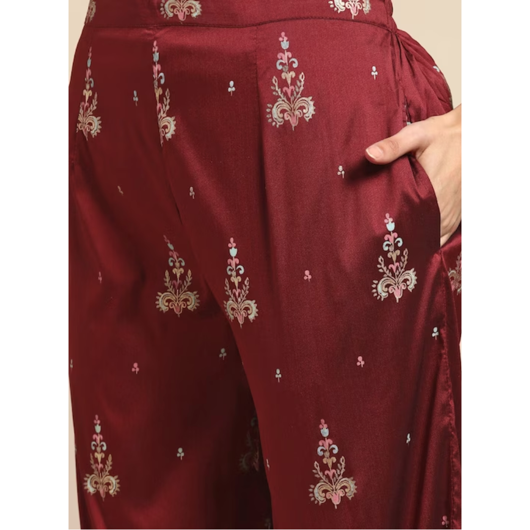 Elegant Maroon Kurta with Mirror Work & Printed Trousers Set - Indian Party Wear for Women | Perfect for Festivals, Weddings & Special Occasions