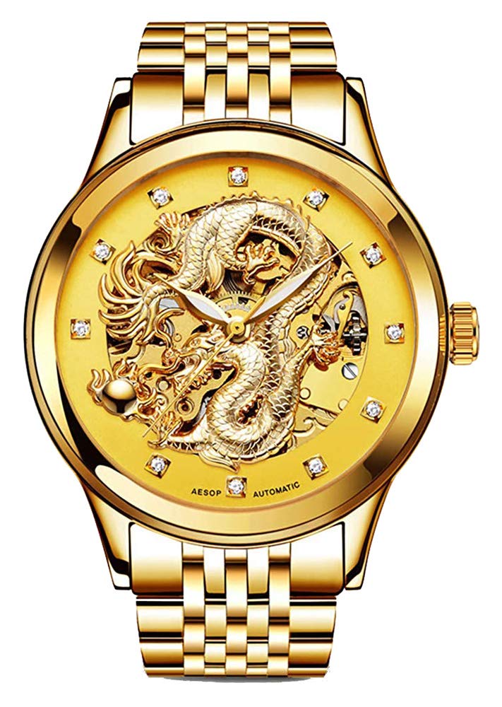 3D Golden Dragon Hollow Automatic Watch for Men - Waterproof Luxury Wristwatch with Diamond Hour Markers | Perfect for Business, Gifts & Formal Occasions