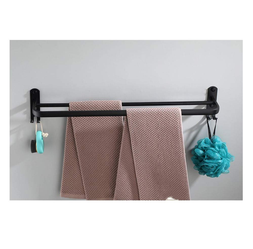 Black Aluminum Double Rod Towel Rack with Hooks - 60CM Wall Mounted Bathroom Towel Holder, Space Saving Hotel Shelf for Towels & Robes - Perfect for Bathroom, Kitchen, Laundry Room Organization