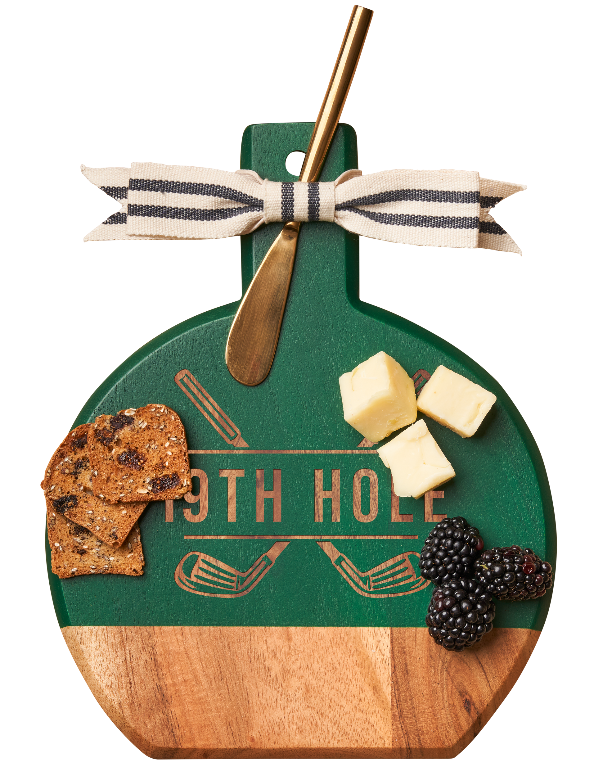 Acacia Wood Bevel Board with Ribbon & Gold Spreader Knife - 9.75 x 8 Inch - Perfect for Golf Gift Sets & 19th Hole Decor - Elegant Cheese Serving Tray for Parties & Weddings