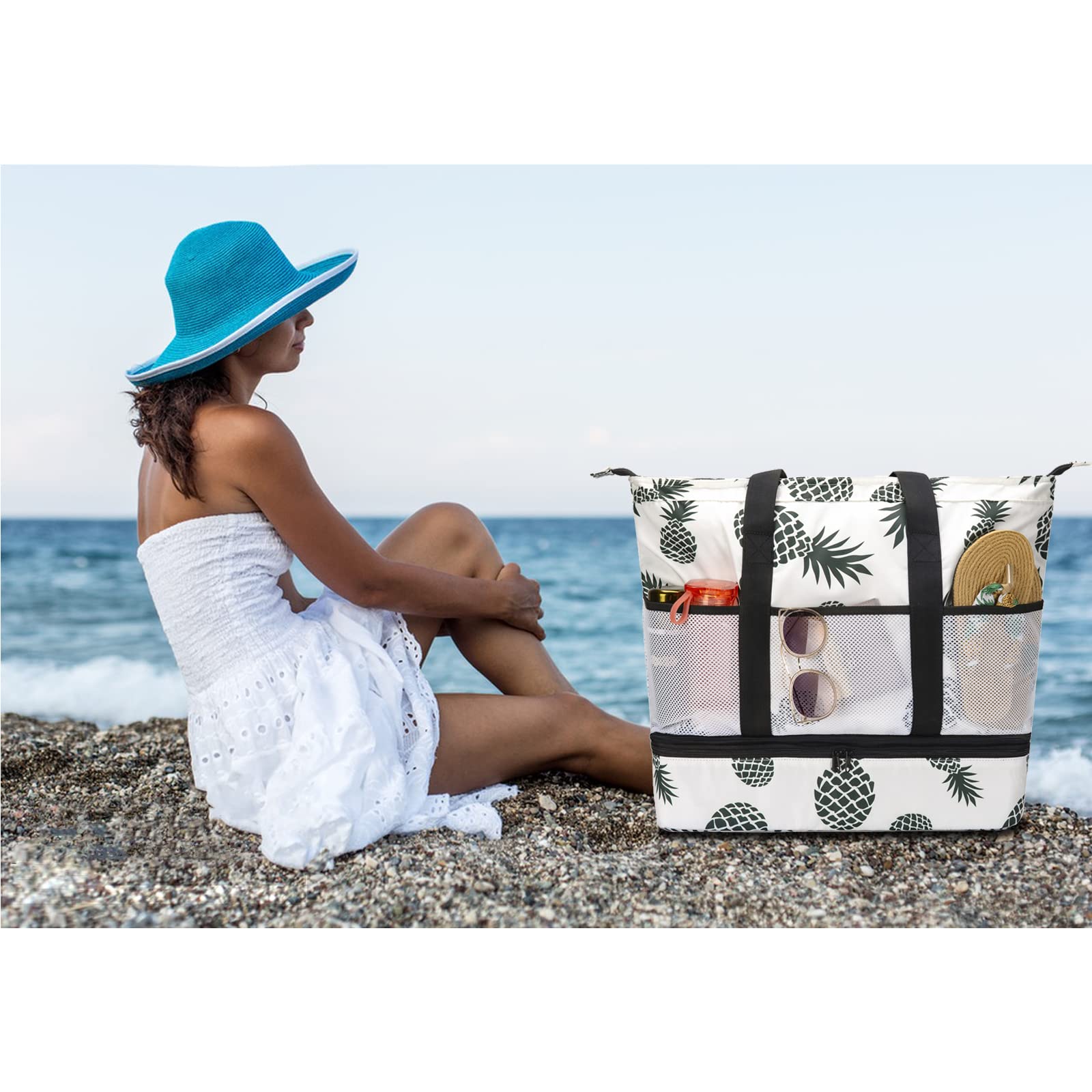 Octsky Large Waterproof Beach Tote Bag with Cooler & 9 Pockets - Sandproof Zippered Pool Bag for Women | Perfect for Beach Trips, Pool Parties & Summer Vacations