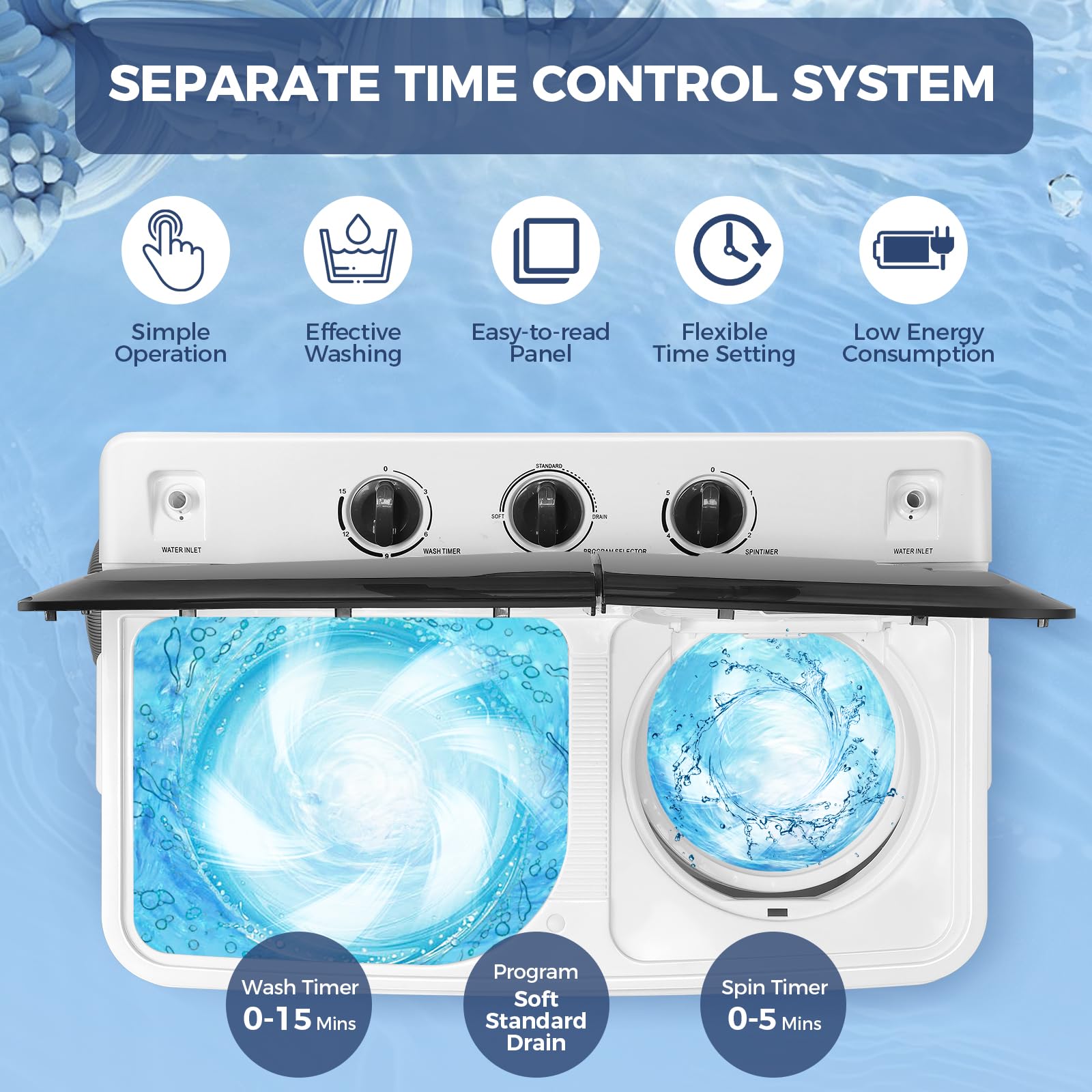 30Lbs Capacity Portable Twin Tub Washing Machine with Built-in Drain Pump - Compact Washer & Spin Dryer Combo (19Lbs Wash + 11Lbs Spin) - Perfect for Apartments, Dorms, RVs & Small Spaces - Ideal for Travel, Camping & Off-Grid Living