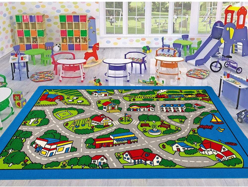 Kids Play Mat - City Roads Map Rug for Daycare & Playroom (3'x5') - Fun Learning Carpet for Cars & Trains