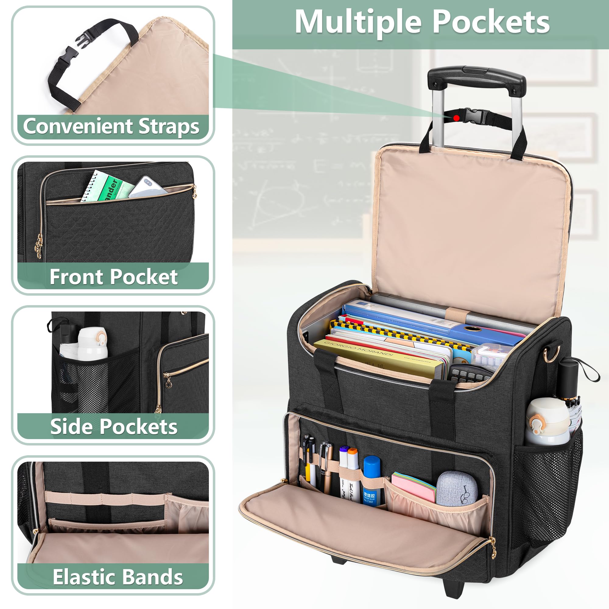 LUXJA Rolling Teacher Bag with Laptop Compartment & Detachable Wheels - Multi-Functional Tote Organizer for Educators (Black) | Perfect for School, Travel & Work Commutes