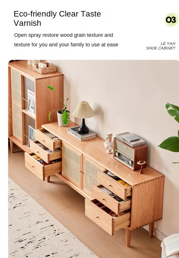 Modern Oak Solid Wood Rattan TV Stand with Storage - Entertainment Center for Living Room, Bedroom & Home Theater Setup