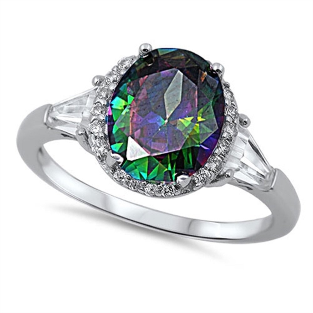 CloseoutWarehouse Oval Cubic Zirconia Halo Ring in Sterling Silver - Available in Multiple Colors | Elegant Jewelry for Weddings, Anniversaries & Special Occasions