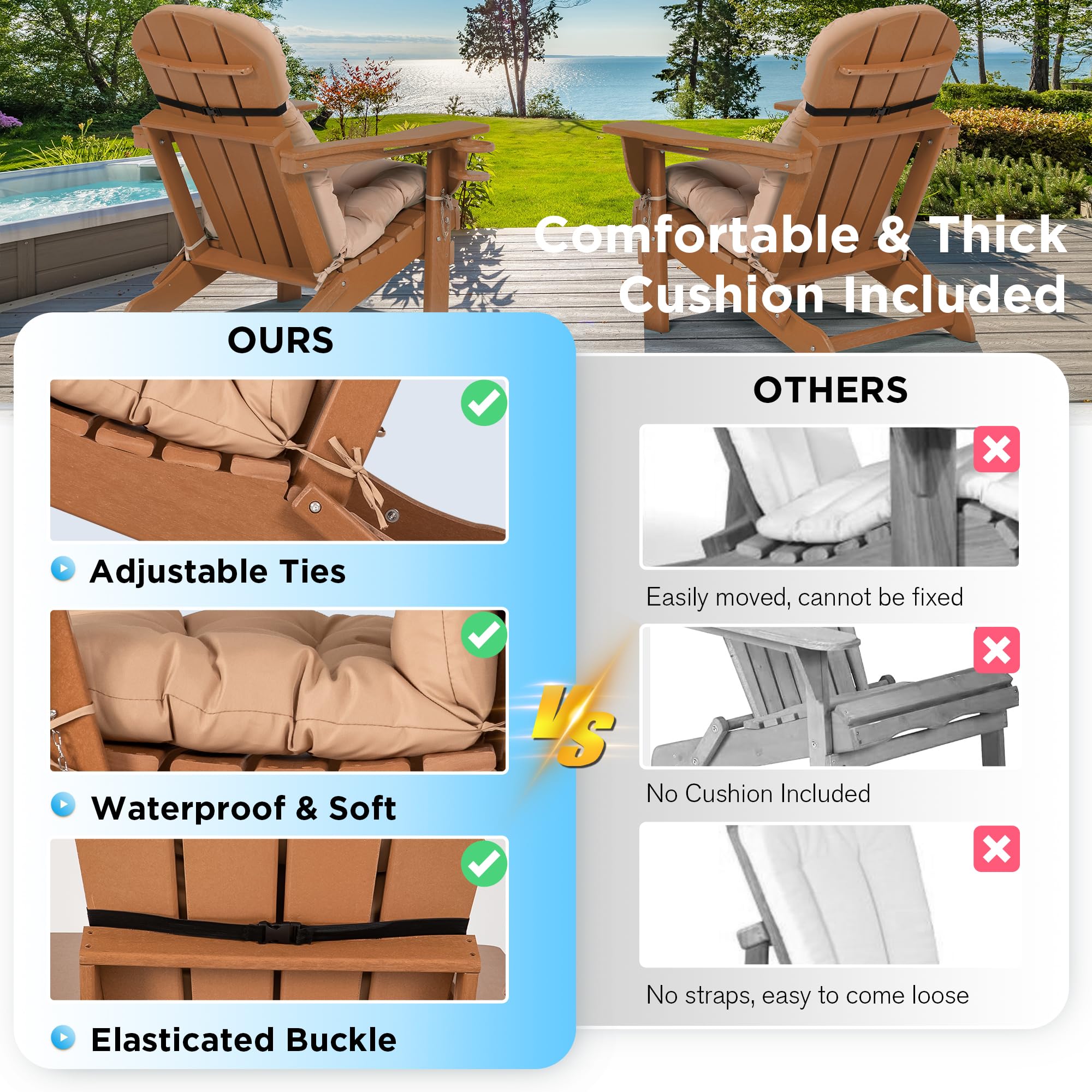 Premium HDPE Plastic Folding Adirondack Chair with Cushion & Cup Holder - Weather-Resistant Oversized Patio Chair for Outdoor, Garden, Deck, Fire Pit & Camping - Comfortable Teak Wood Design for Relaxation & Entertaining