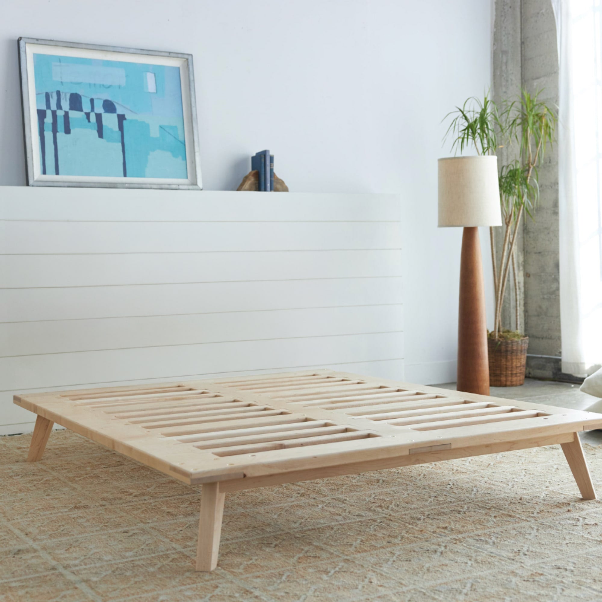 Mid Century Modern Bed Frame - Queen Size Solid Wood Platform Bed with Upholstered Headboard - Stylish & Sturdy Bedroom Furniture for Home Decor & Relaxation