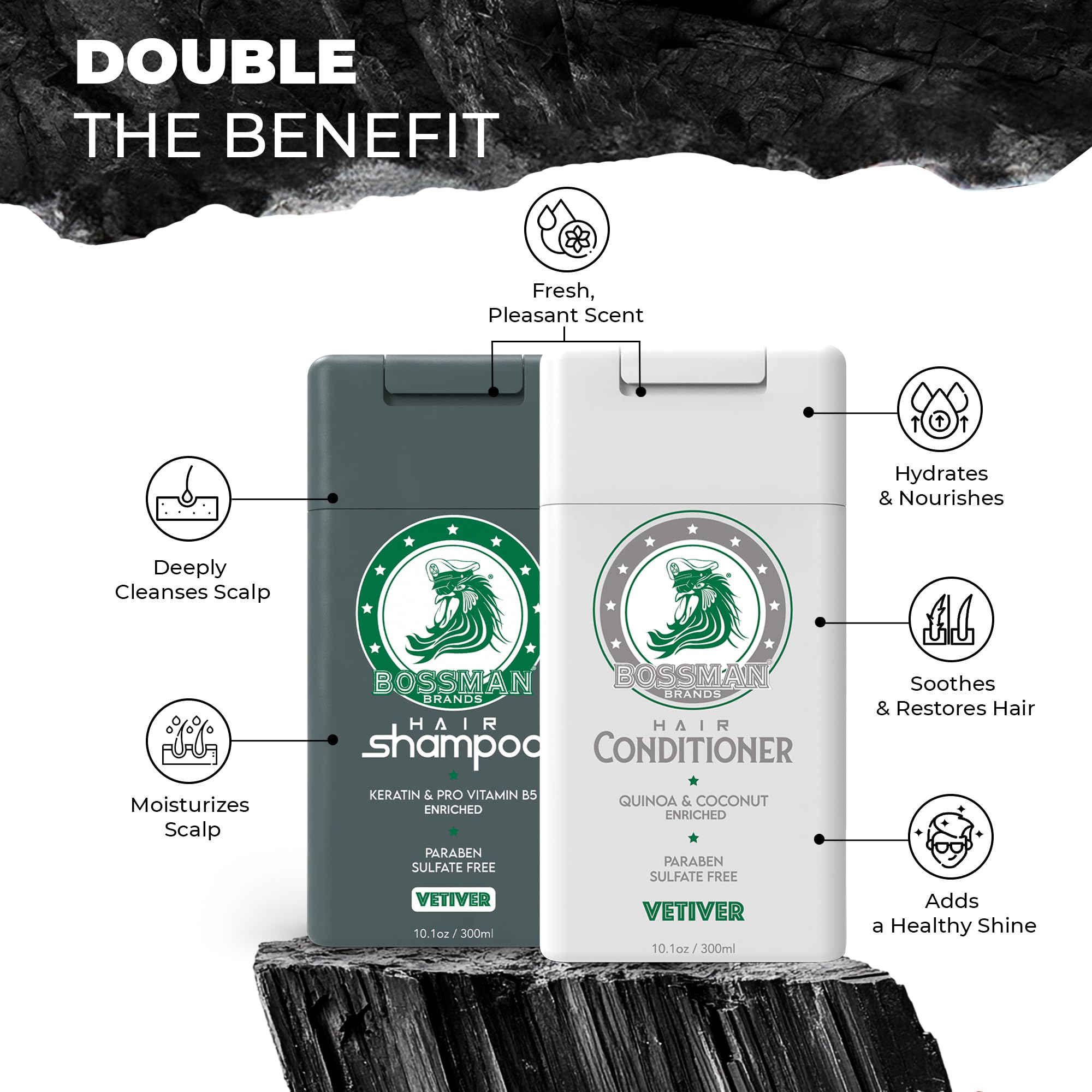 Bossman Men's Hair Shampoo and Conditioner Set - Hydrating & Strengthening Combo with Soothing Formula - Paraben Free & Sulfate Free (Vetiver X) - Perfect for Daily Hair Care & Styling