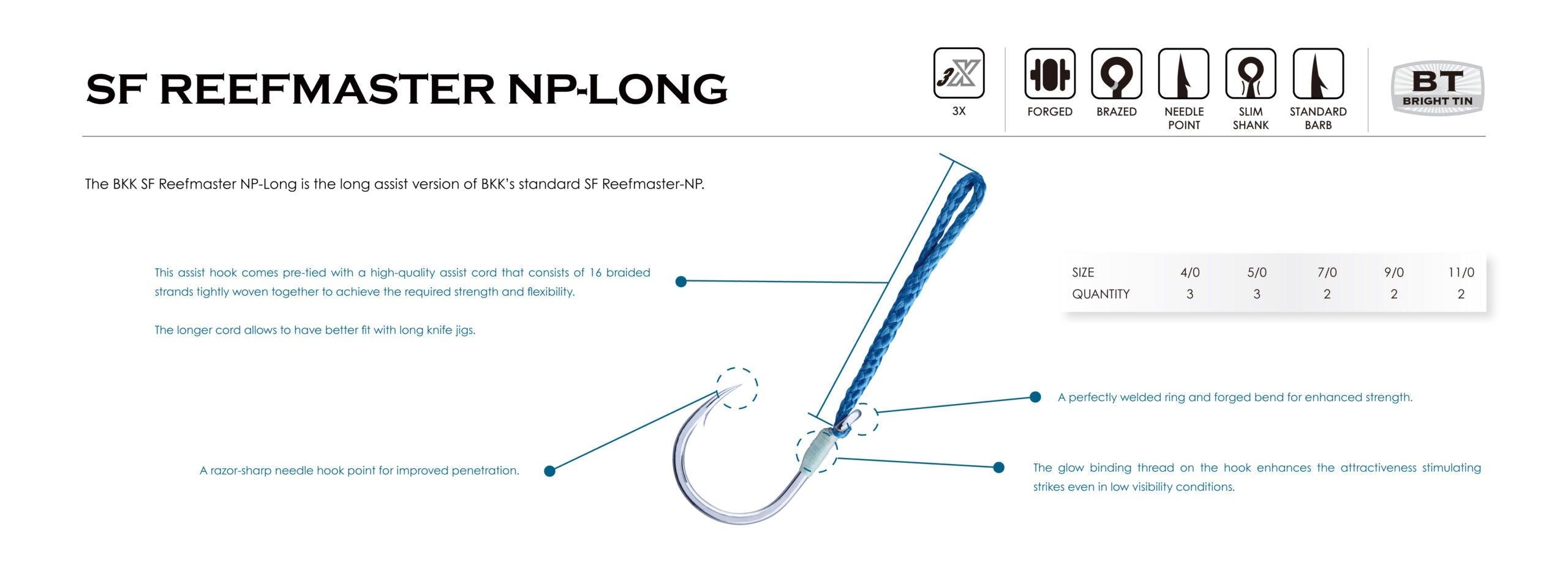 BKK SF Reefmaster NP Long Speed Jigging Assist Hooks - Premium Saltwater Fishing Hooks for Fast Jigging and Deep Sea Fishing - Perfect for Offshore Game Fish Like Tuna and Marlin